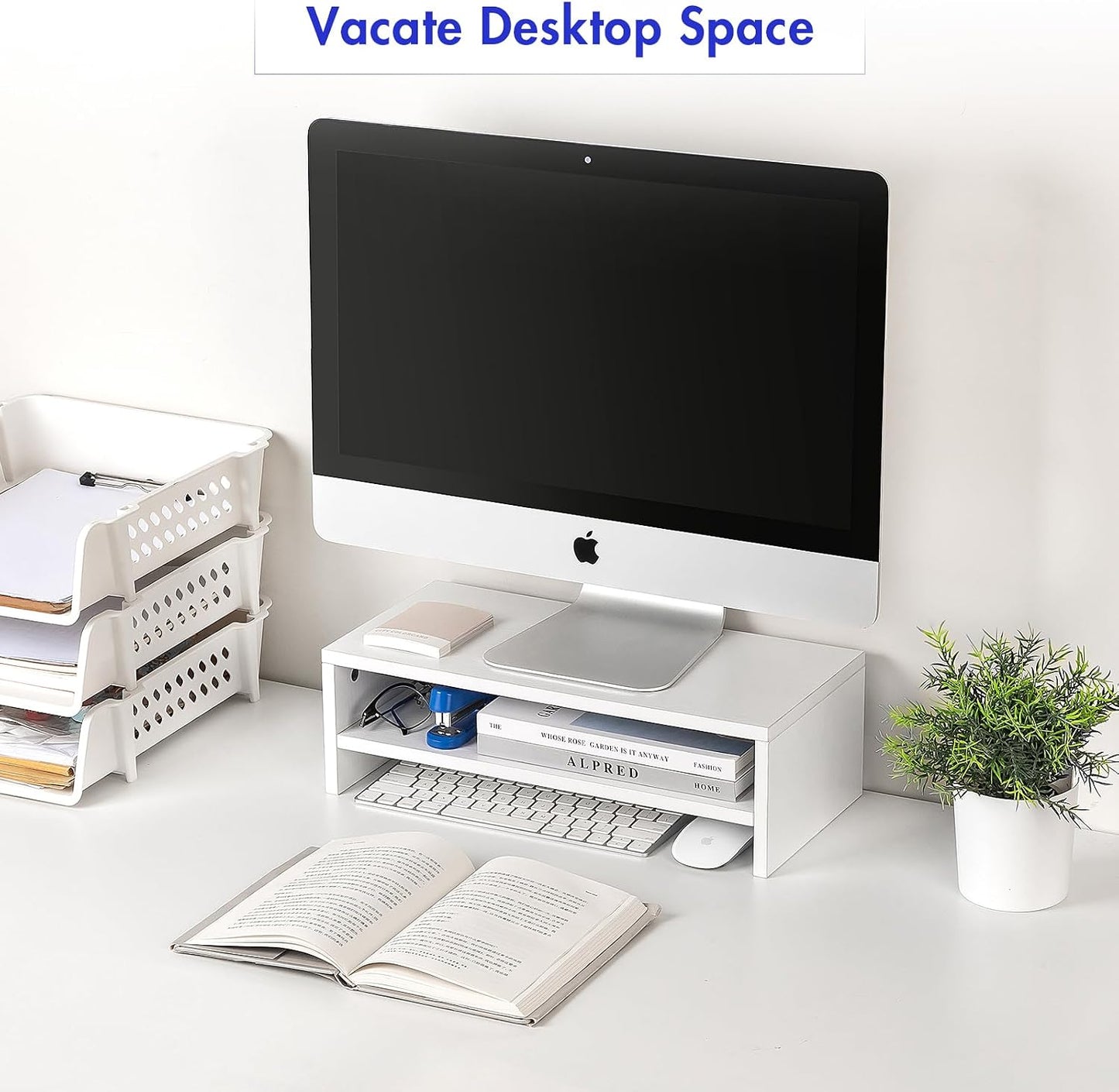 Desk,2 16.5 7.8 5.2 inch BEYGORM White Monitor Stand Riser for Tiers Wood Desk Shelf Computer Screen Stand with Storage