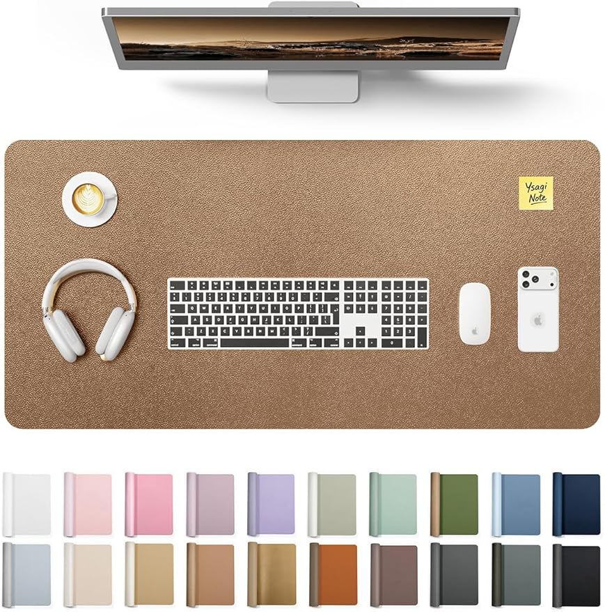YSAGi Leather Desk Protector, Office Mat, Large Mouse Mat, Non-Slip PU Leather Blotter, Laptop Desk, Waterproof Writing Pad for Office and Home (Shiny Bronze, 35.4" x 17")