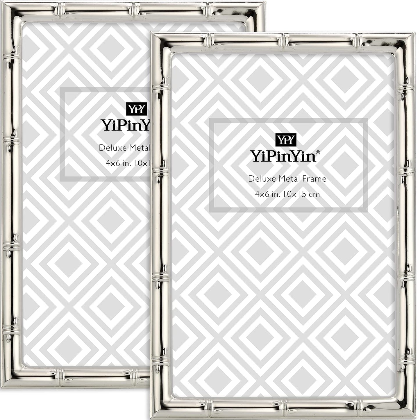 YiPinYin 4x6'' Bamboo Detail Designs Silver Metal Picture Frame 2pack, Elegant Silver Plated Baby Nurse Photo Frames 4x6'' With Soft Touch Velvet Backing for Desktop and Wall Décor