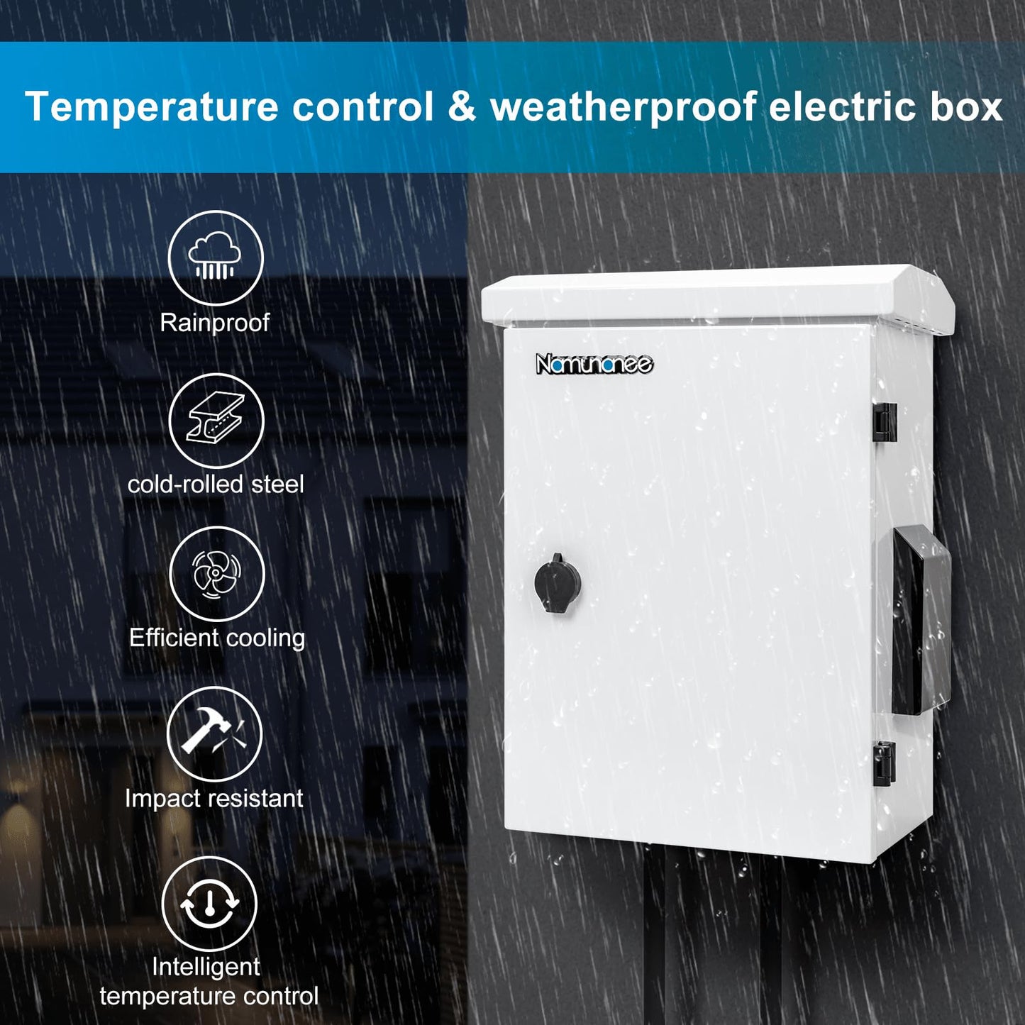 Outdoor Electrical Box with Thermostat and Fan, Cold-Rolled Steel Plate, Aluminum Alloy Back Beam, One-Piece Ventilation Design, IP65 Waterproof, Wall/Pole Mounted. (17.8" x 14" x 7.9")