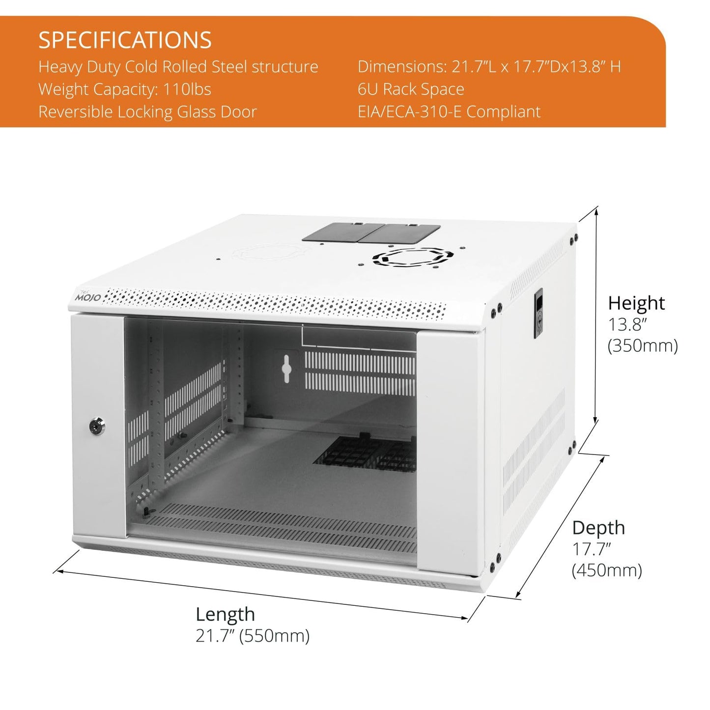 Tecmojo 6U Wall Mount Rack Network Cabinet for 19" IT Equipment,with Lockable Glass Door and Side Panels,Cooling Fan,17.7inch Depth,White