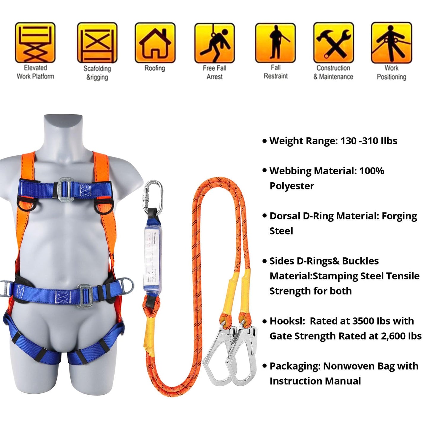 TT TRSMIMA Safety Harness Fall Protection Kit: Full Body Roofing harnesses with Shock Absorbing Lanyard - Updated Comfortable Waist Pad
