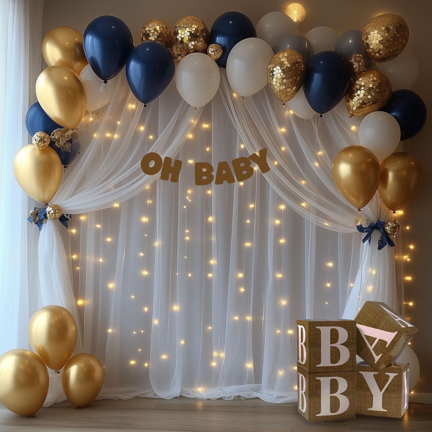 EMHOLDBU 10x8ft (2 White Tulle Backdrop Curtain with Lights String Sheer Drapes for Wedding, Birthday, Baby Shower