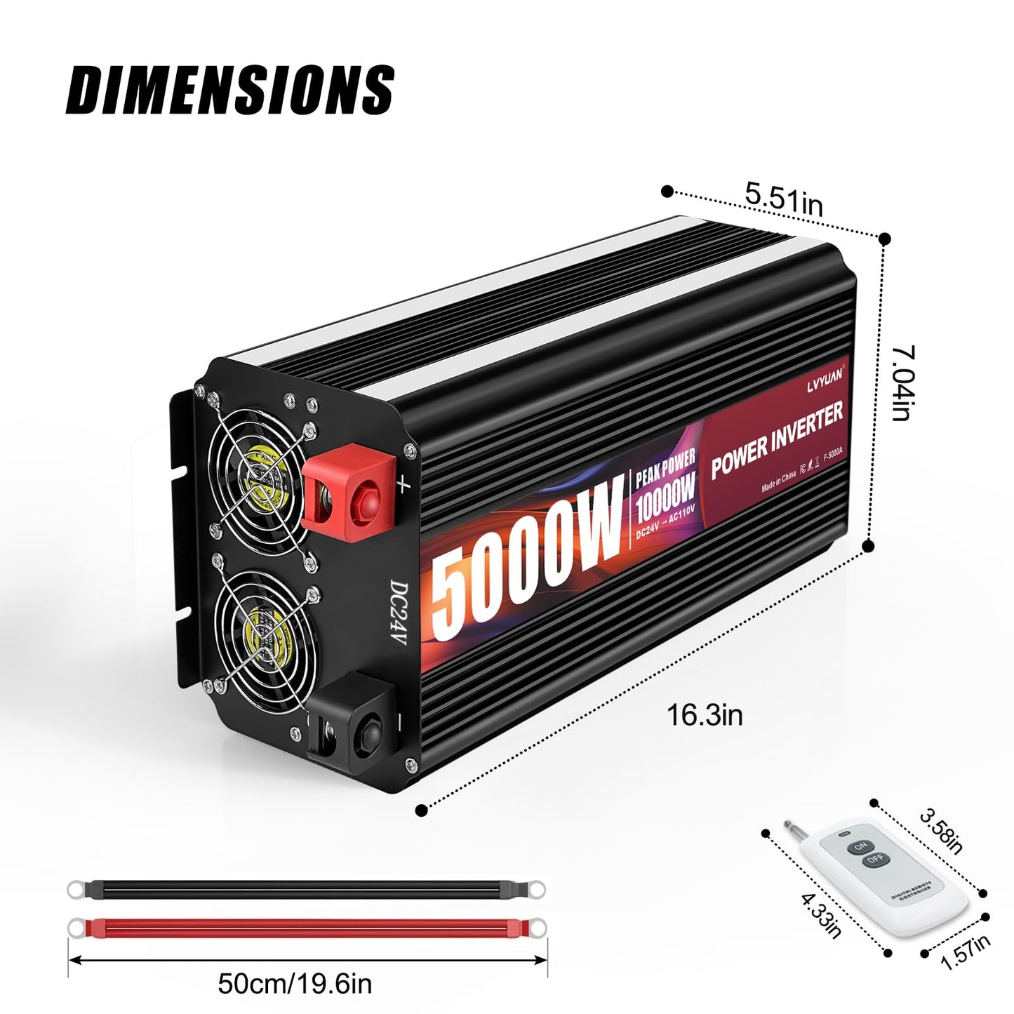LVYUAN 5000 Watt Power Inverter 24V to 110V 120V for Vehicle, Solar Inverter System, Heavy Duty, RV, Truck, Off Grid,Camping with 4 AC Outlets, LCD Display, Wireless Remote Control, Car Power Inverter