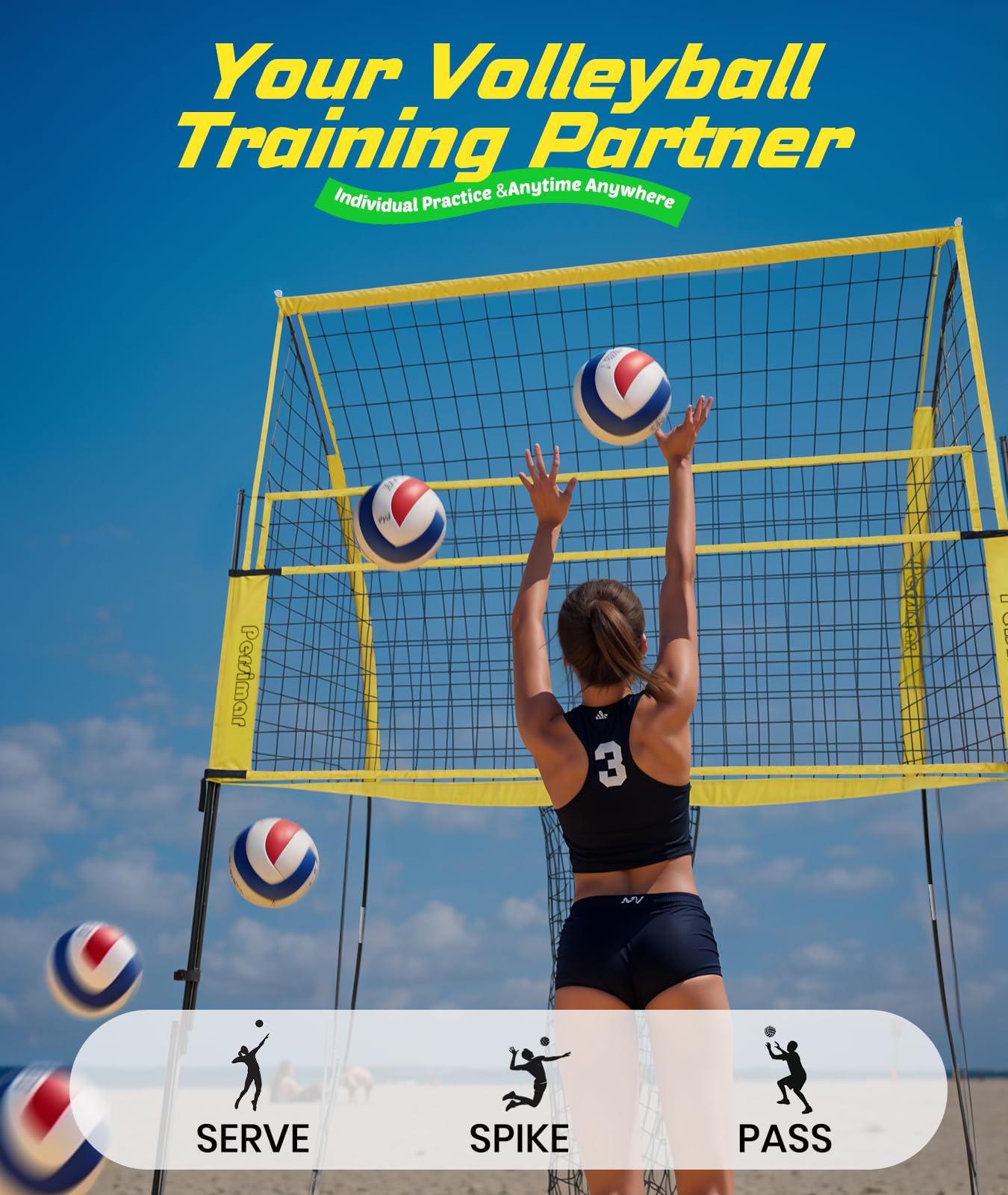 Volleyball Training Equipment Net System,Freely Adjustable Heights Practice Net Serve Trainer Aids,Improve Serve&Spike Skills, Portable &Easy Setup for Backyard Beach Indoor and Outdoor Use