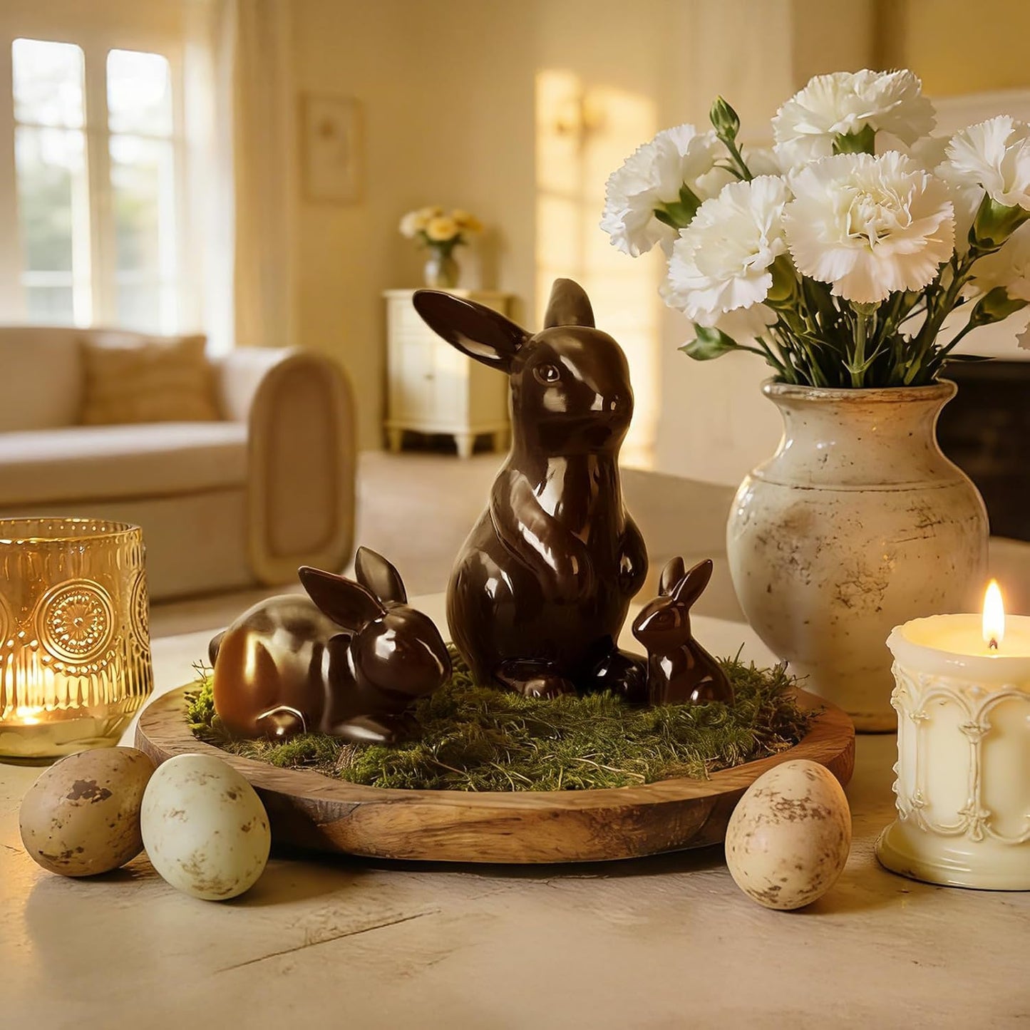 Rabbit Decor Ceramic Chocolate Bunny Figurines - Set of 3 Cute Home Table Centerpieces for Living Room & Office