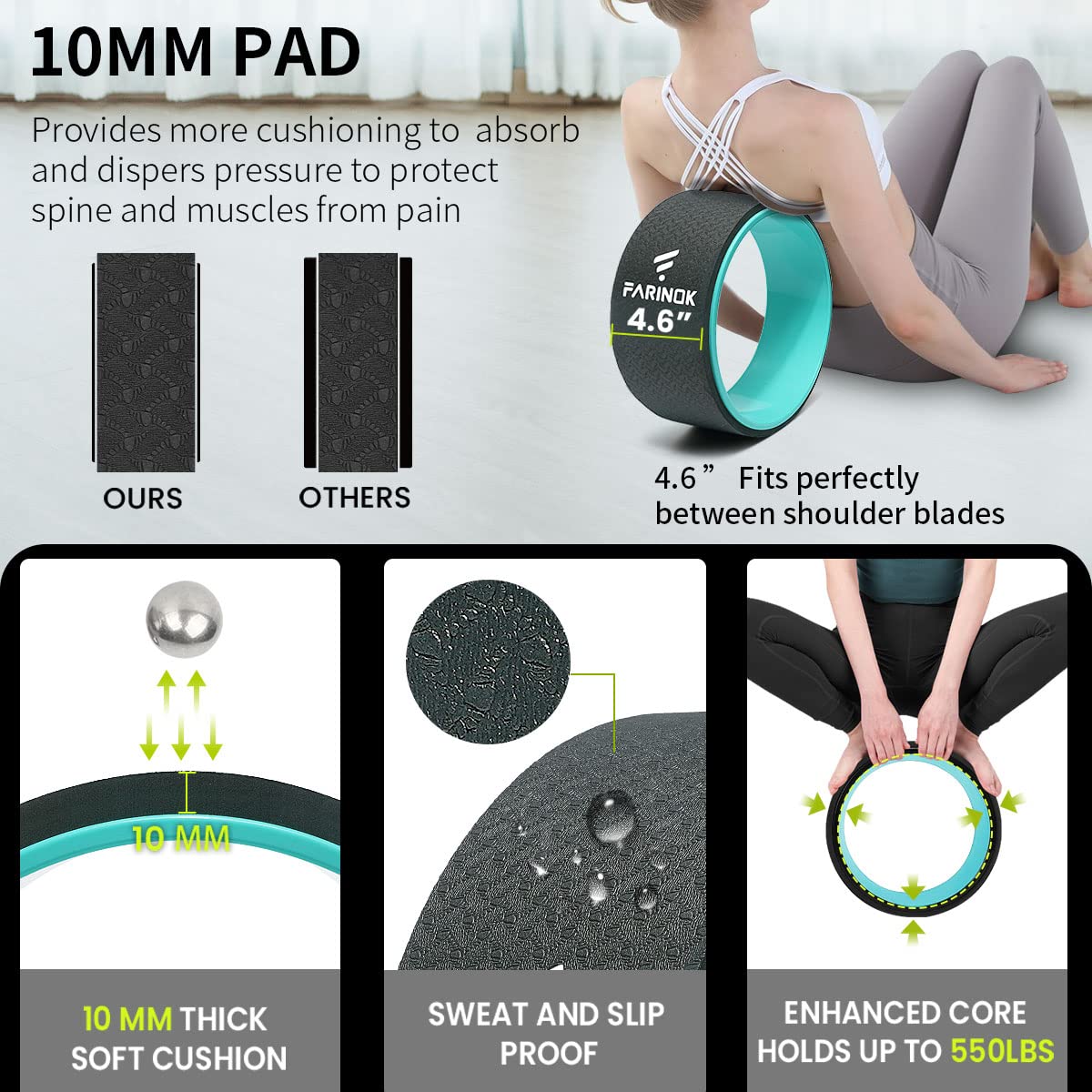 Yoga Wheel for Back Pain Relief, Back Roller Wheel with Extra Cushion, Wider & Thickest Foam, Stretches and Strengthens Core Muscles
