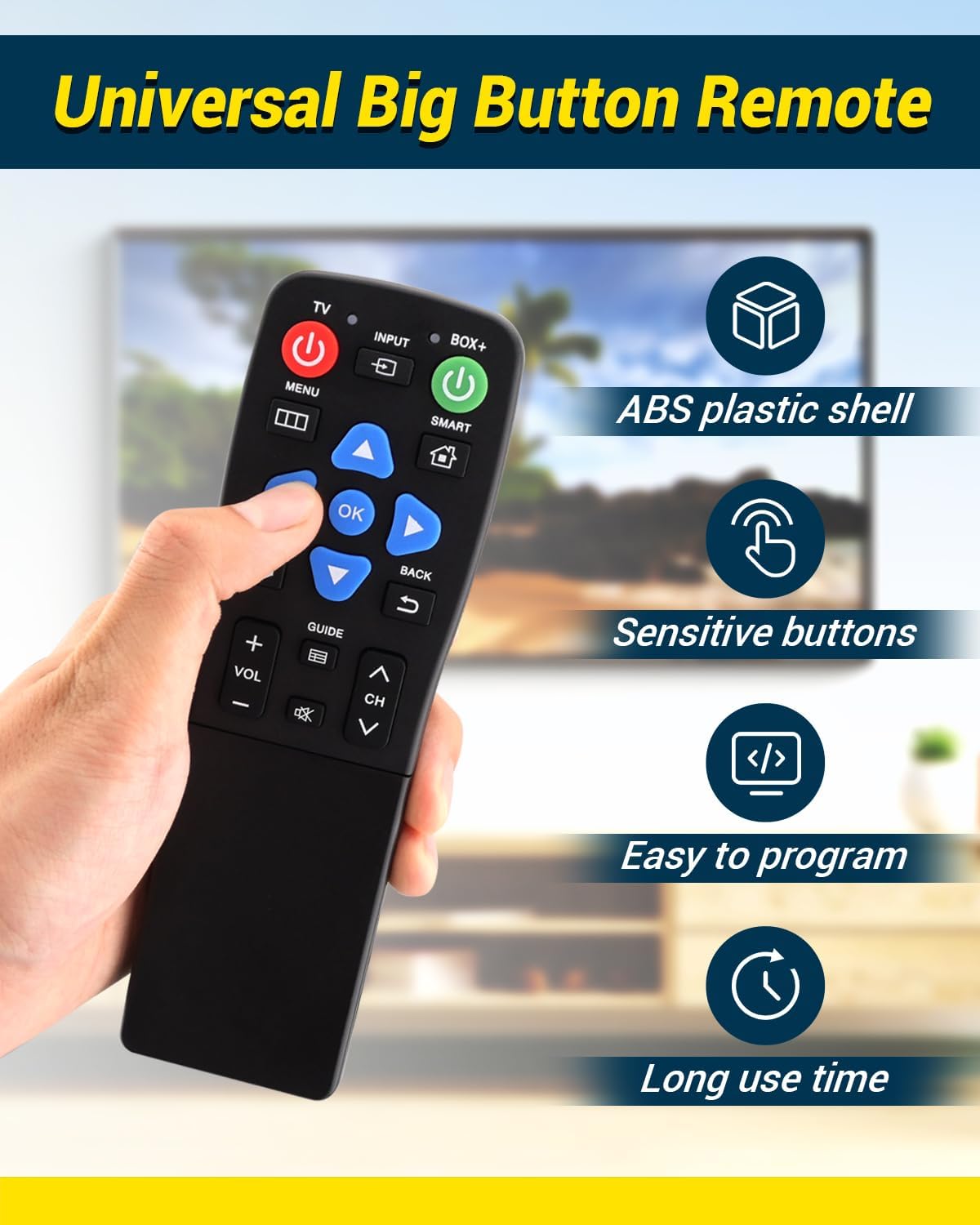FurnyQuaint 4-in-1 Set 2-Device Big Button TV Remote Waterproof Control Remoto Universal for Seniors with Learning