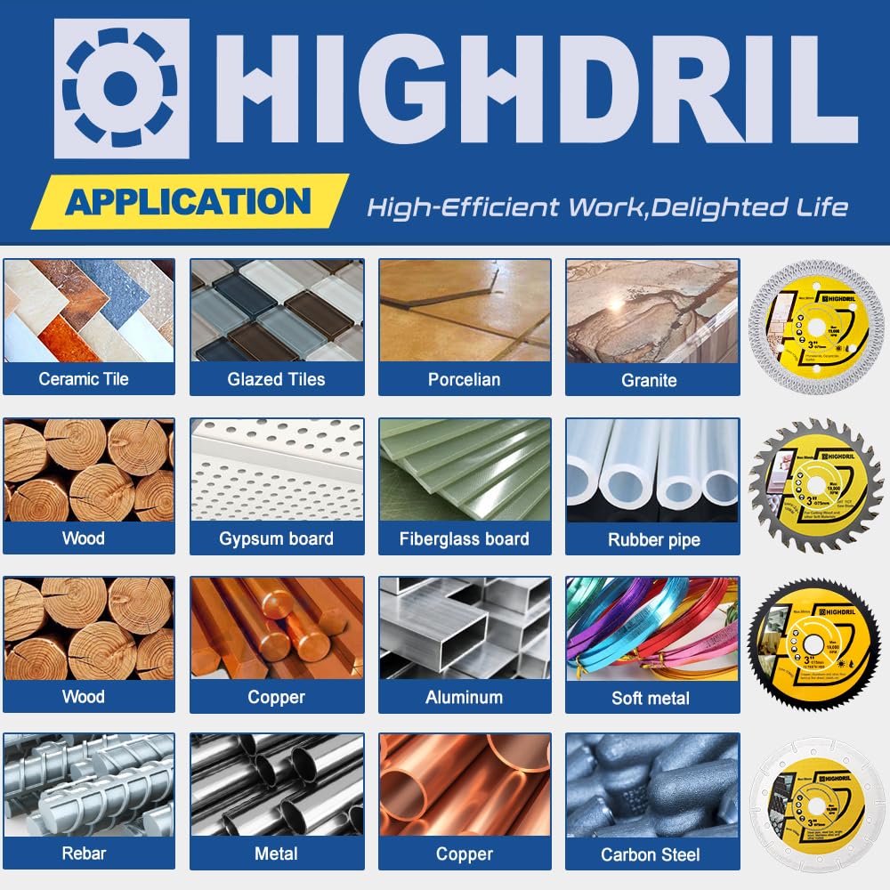 HIGHDRIL 3" 75mm Circular Saw Blade Set 4pcs and HIGHDRIL Diamond Drill Bits Kit with 5/8-11