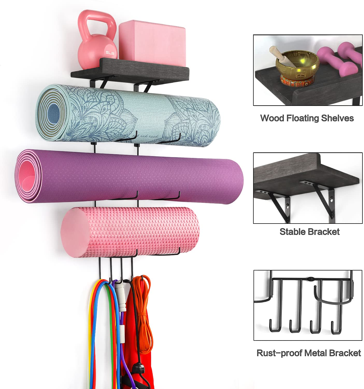 VINAEMO Yoga Mat Holder Accessories Wall Mount Organizer Storage Decor Foam Roller and Towel Storage Rack with 4 Hooks and Wooden Shelves Yoga Mats Rack Resistance Bands for Home Gym School Office