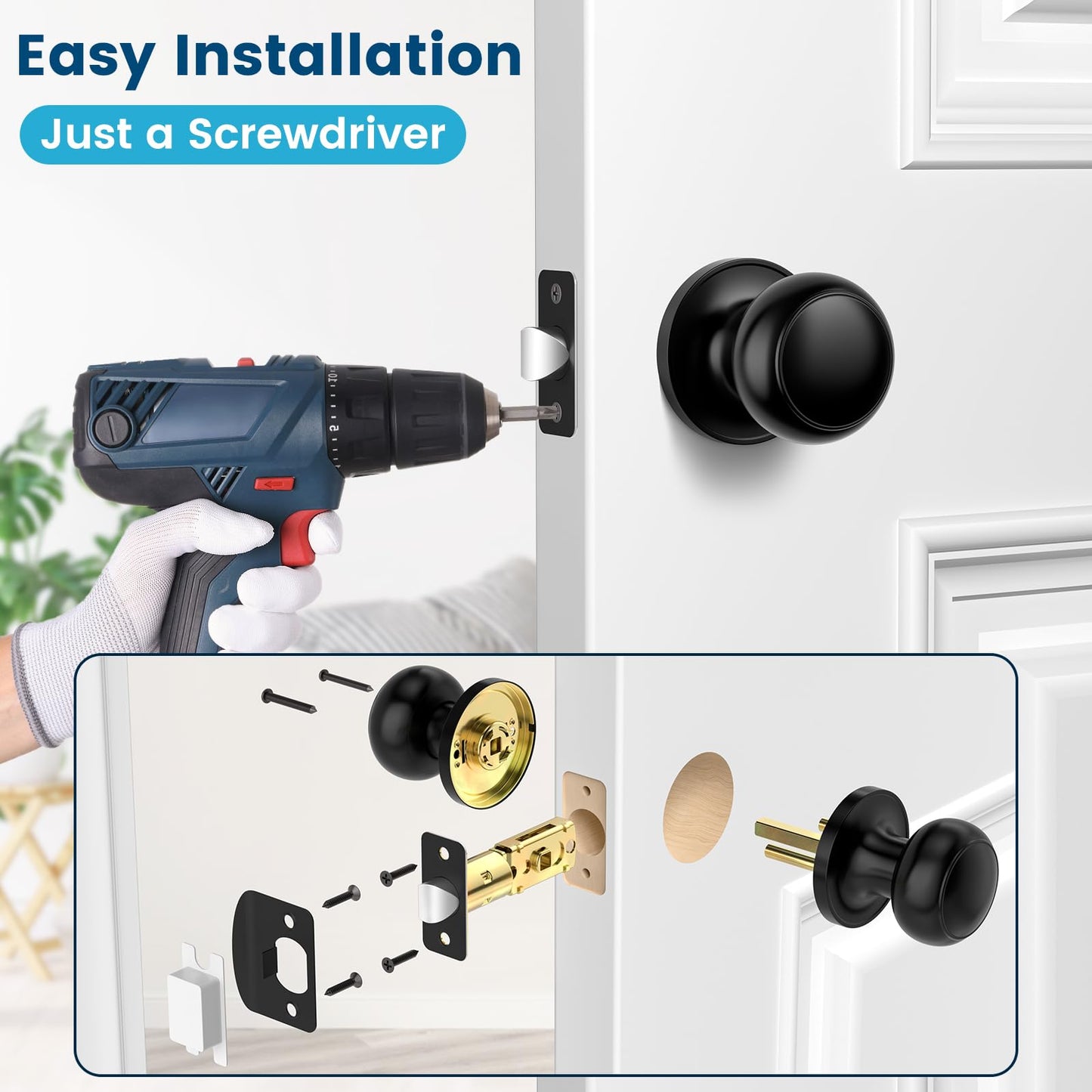 Vesmikit Passage Door Knobs, 5 Pack Matte Black Door Knobs, Hallway Closet Non-Locking Interior Doorknobs, Round Door Handles Keyless Reversible for Left/Right Handed Doors