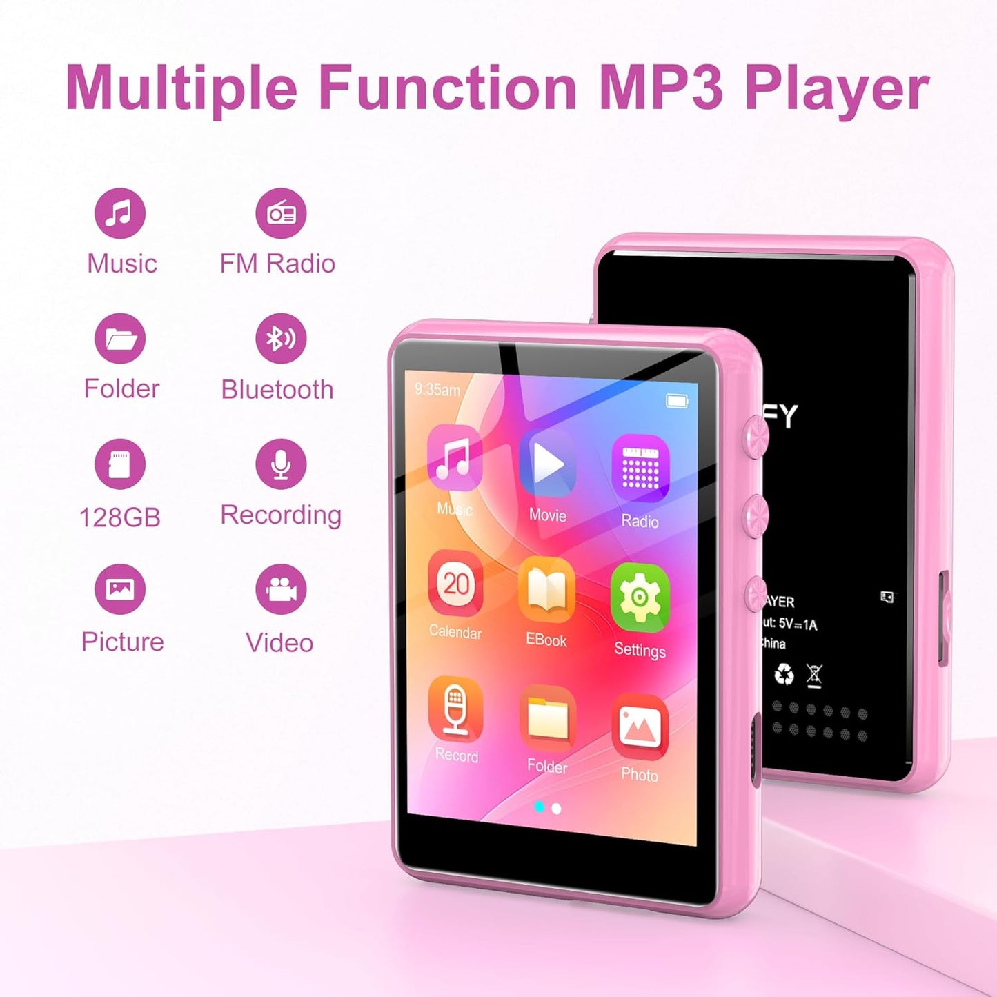 SWOFY 128GB MP3 M4 5.4, 2.4" MP3 Player with Bluetooth Pink- Music Player with Bluetooth Portable HiFi Player with FM