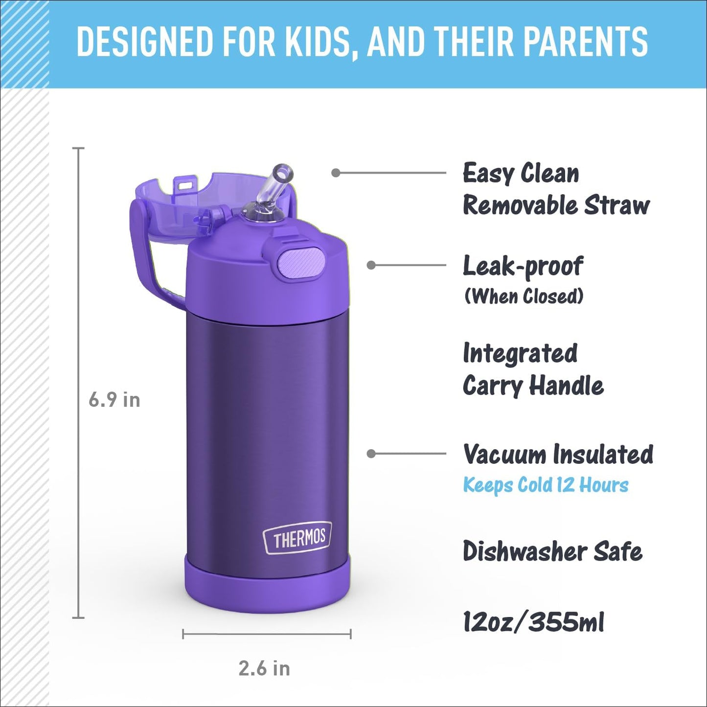 THERMOS FUNTAINER Water Bottle - 12 Ounce Kids Stainless Steel Vacuum Insulated with Straw - Violet