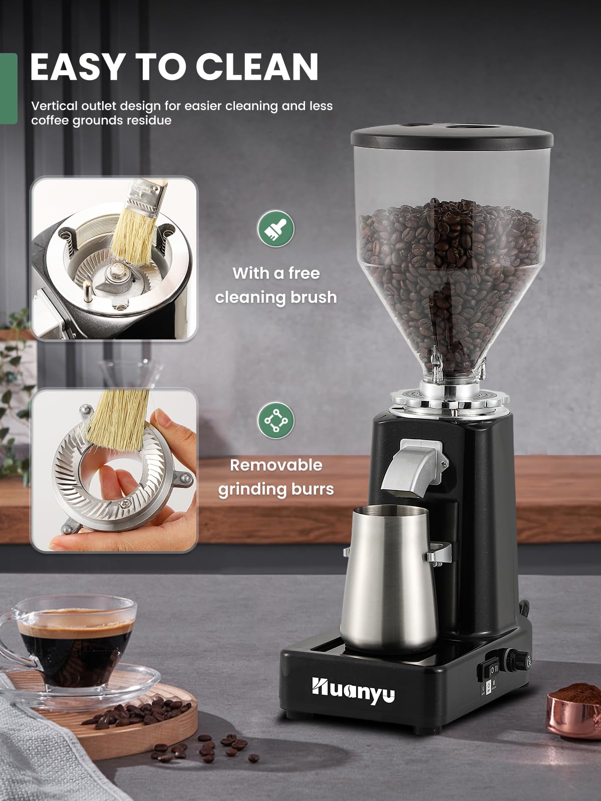 Huanyu Burr Coffee Grinder- Stainless Steel Flat Burr, 19 Precise Grind Settings, 35oz Capacity and Dual Dosing for Espresso, Pour Over, French Press, Black