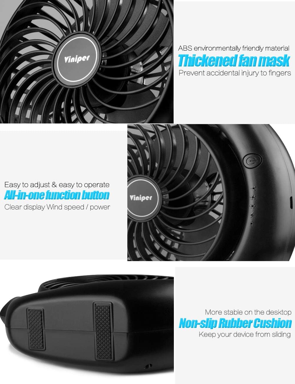 Viniper Portable Rechargeable Fan - 3 Speed Battery Desk Fan with 180° Rotation | 6.2 Inch, Black
