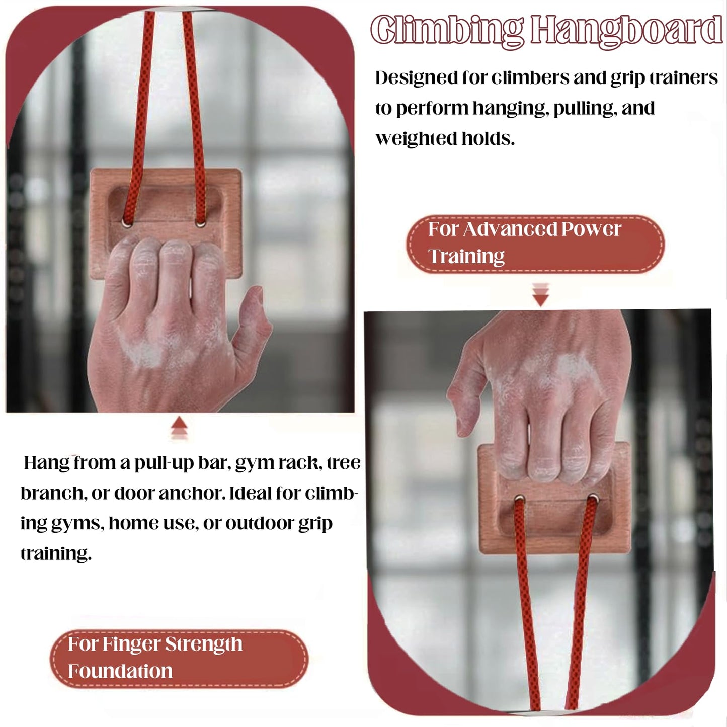 Wshxjzyay Portable Hangboard, Climbing Hangboard, Dual-Pocket Grip Blocks for Finger Strength, Power, and Forearm Training, Adjustable Rope and Metal Clips Included