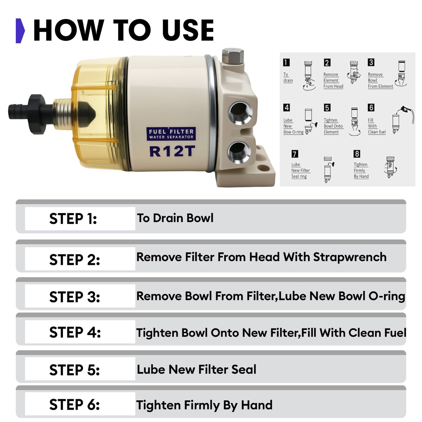 R12T Marine Fuel Water Separator Filter Kit, 10 Micron Replacement for S3240 120AT 18-7987 NPT ZG1/4-19, Fits Gasoline and Diesel Outboard Engines, Includes 2 Fittings and 2 Plugs