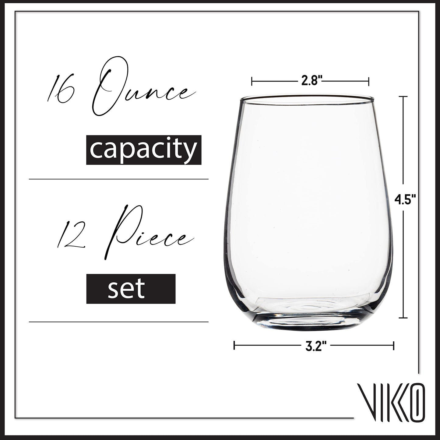 Vikko Stemless Wine Glasses, 16 Ounce, Set of 12, Modern, Durable, Dishwasher Safe