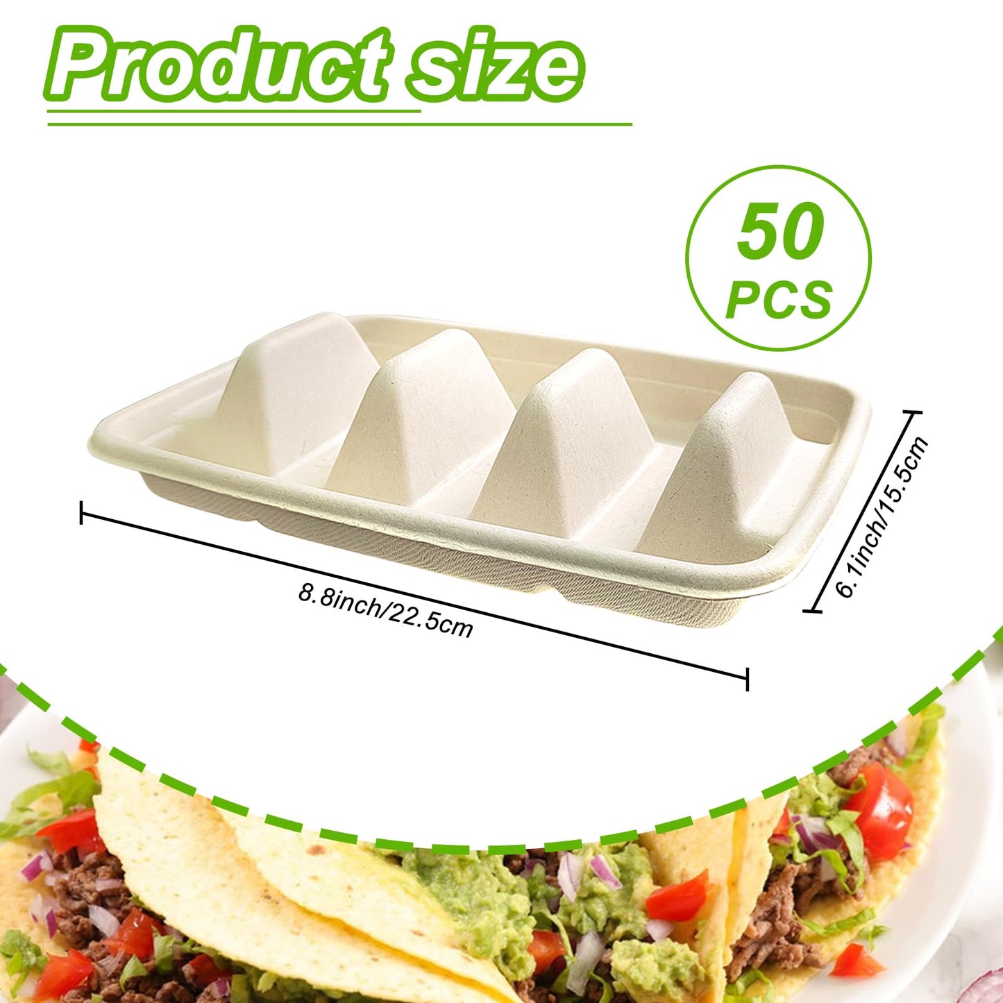 Sibosen 50PCS Disposable Taco Holder for Party，Disposable Taco Plates with 3 Dividers Disposable Taco Holders for Taco Tray Holder, Pulp Fiber Plates Disposable for Taco Tuesday Lazy Susan Taco Bar