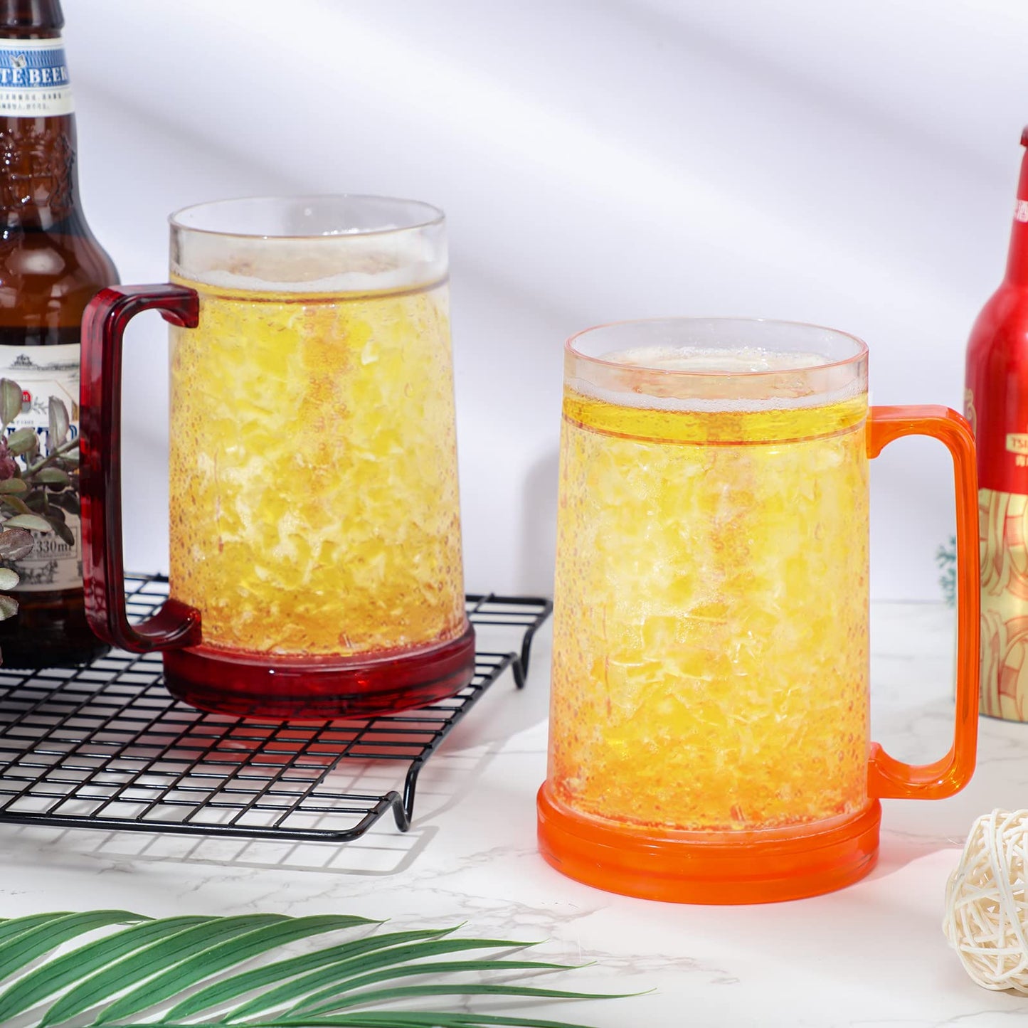 Eccliy 4 Pcs Beer Mugs for Freezer with Gel, 16 oz Double Wall Insulated Plastic Beer Glasses Cups with Handles, Frozen Ice Mugs for Drinks BBQ Men Summer Pool Game Parties