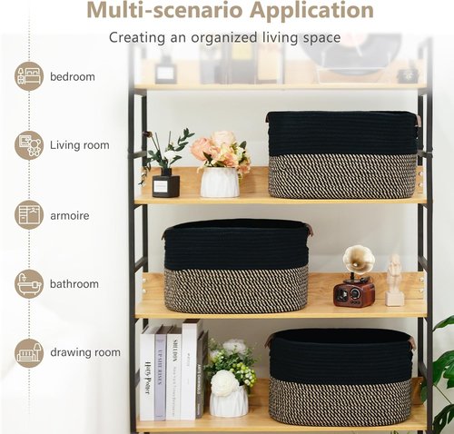 ECDYQXVU Cotton Rope Basket - Woven Storage Basket with Handle | 15x10x9 Inch for Laundry, Towels, Books (Black Brown)