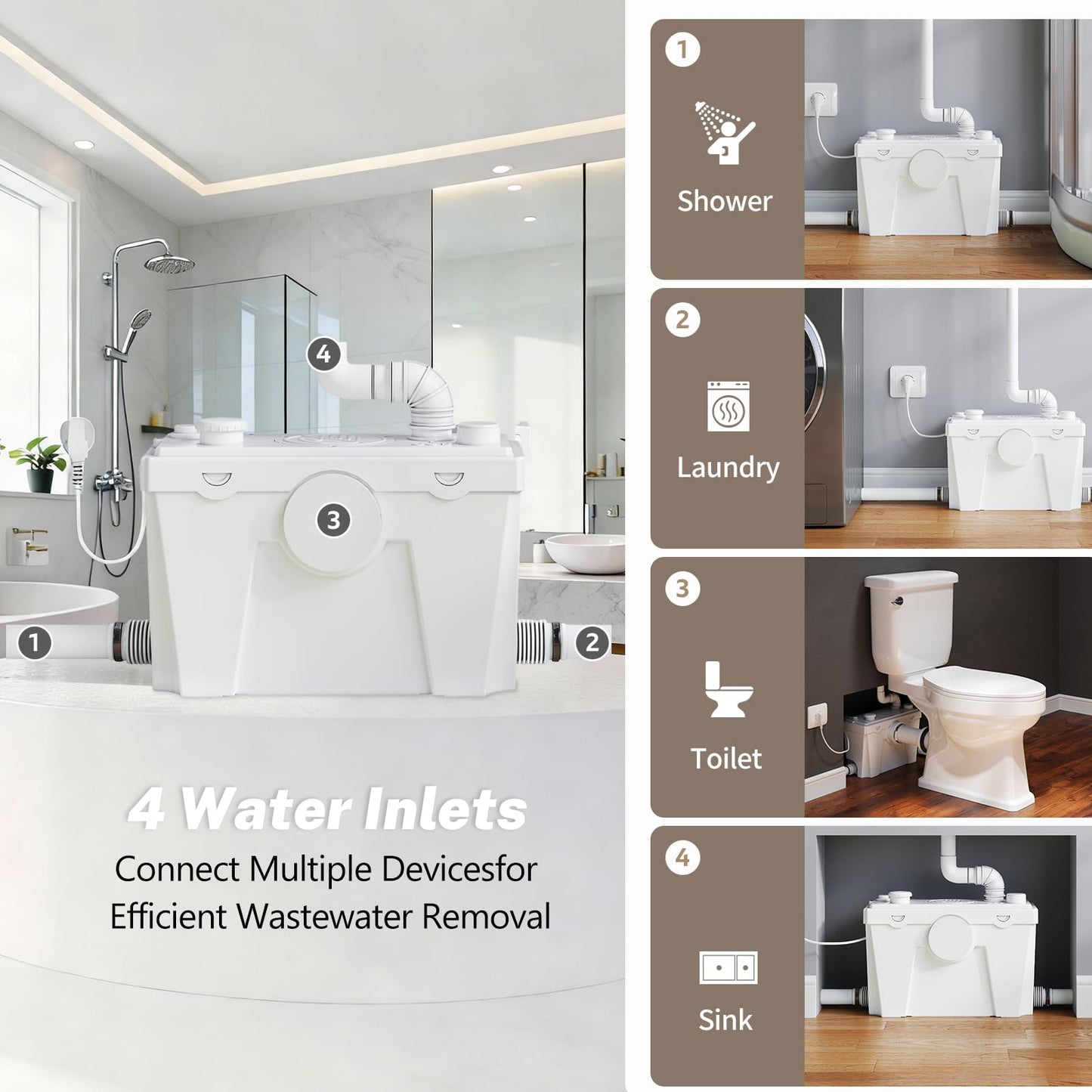 Macerating Toilet with Pump, Two-Piece Upflush Toilet For Basement, Powerful & Quiet Macerating Pump System With 4 Water Inlet, 23Ft Vertically, Elongated Bowl