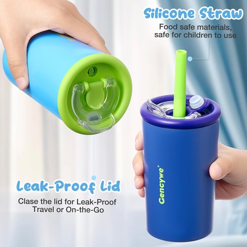 Gencywe Kids Stainless Steel Cups - 12 oz Double-Walled Sippy Tumblers with Straws & Lids | BPA-Free, Spill-Proof