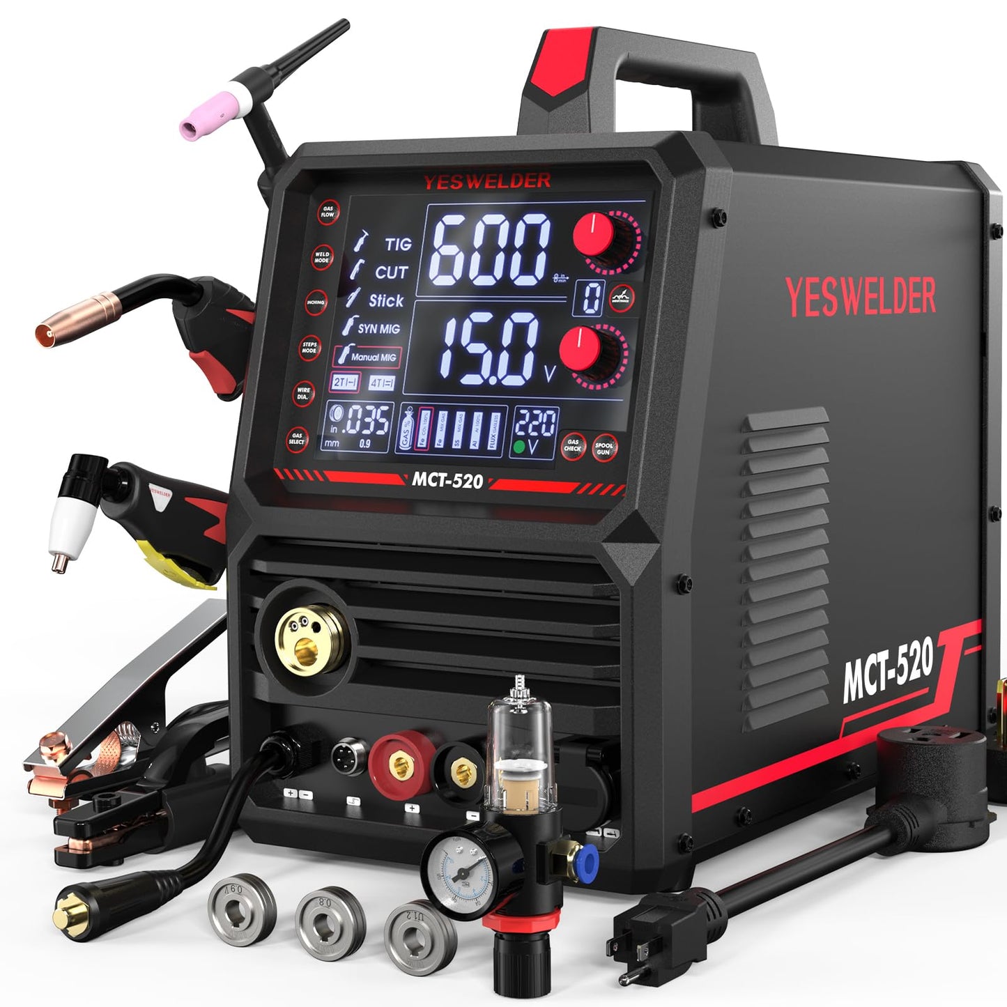 YESWELDER Multifunctional Welders Combo&Plasma Cutter, 6-In-1 MIG/Flux Core MIG/CUT/TIG/Stick/Spool Gun Compatible, 200A MIG/TIG/Stick & 50A CUT, 110V/220V MCT-520