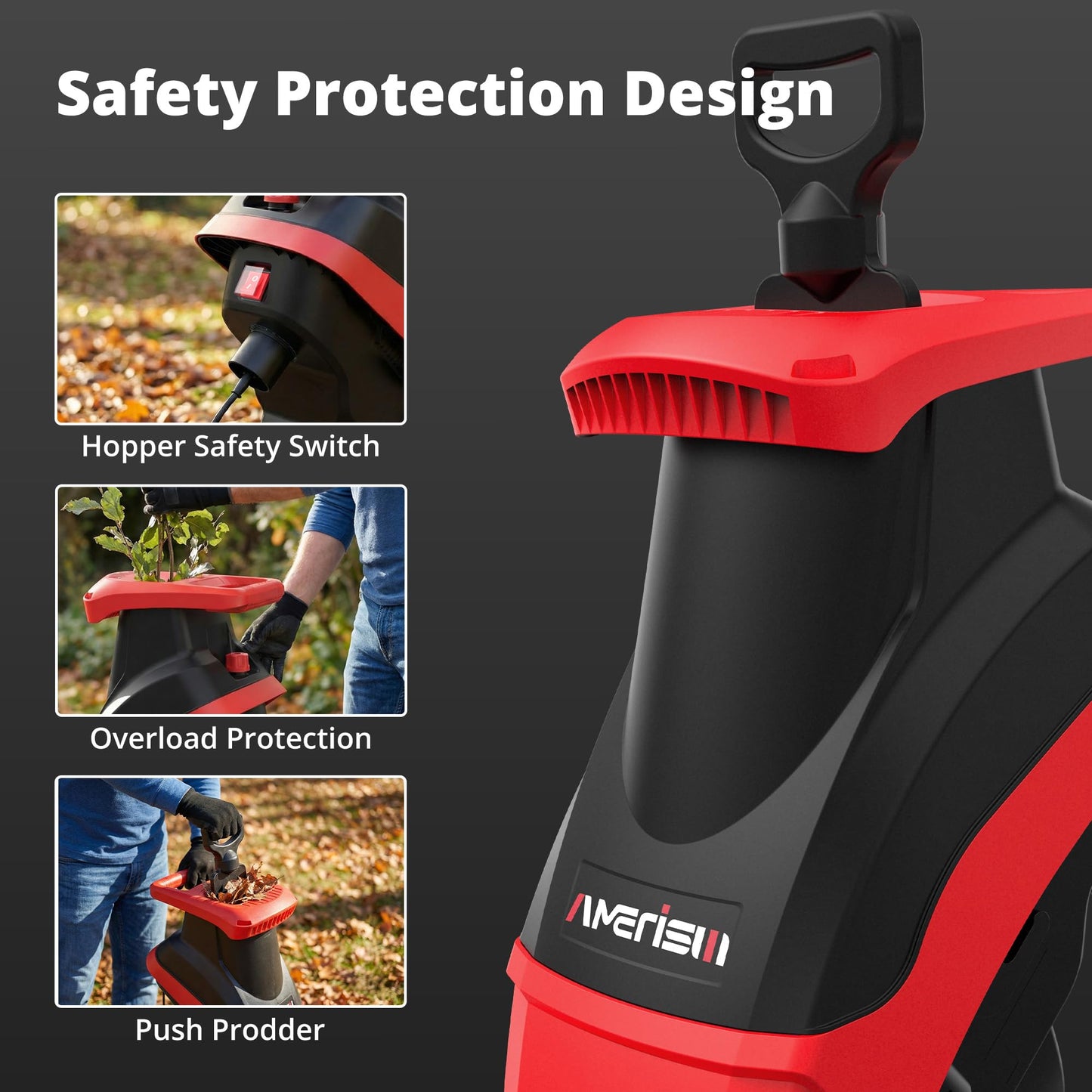 AMERISUN Electric Wood Chipper Shredder 15-Amp, 4200RPM Leaf Mulcher with 1.75-Inch Branch Capacity, Portable Yard Waste Shredder with 50L Collection Bag for Garden, Lawn & Landscaping Cleanup
