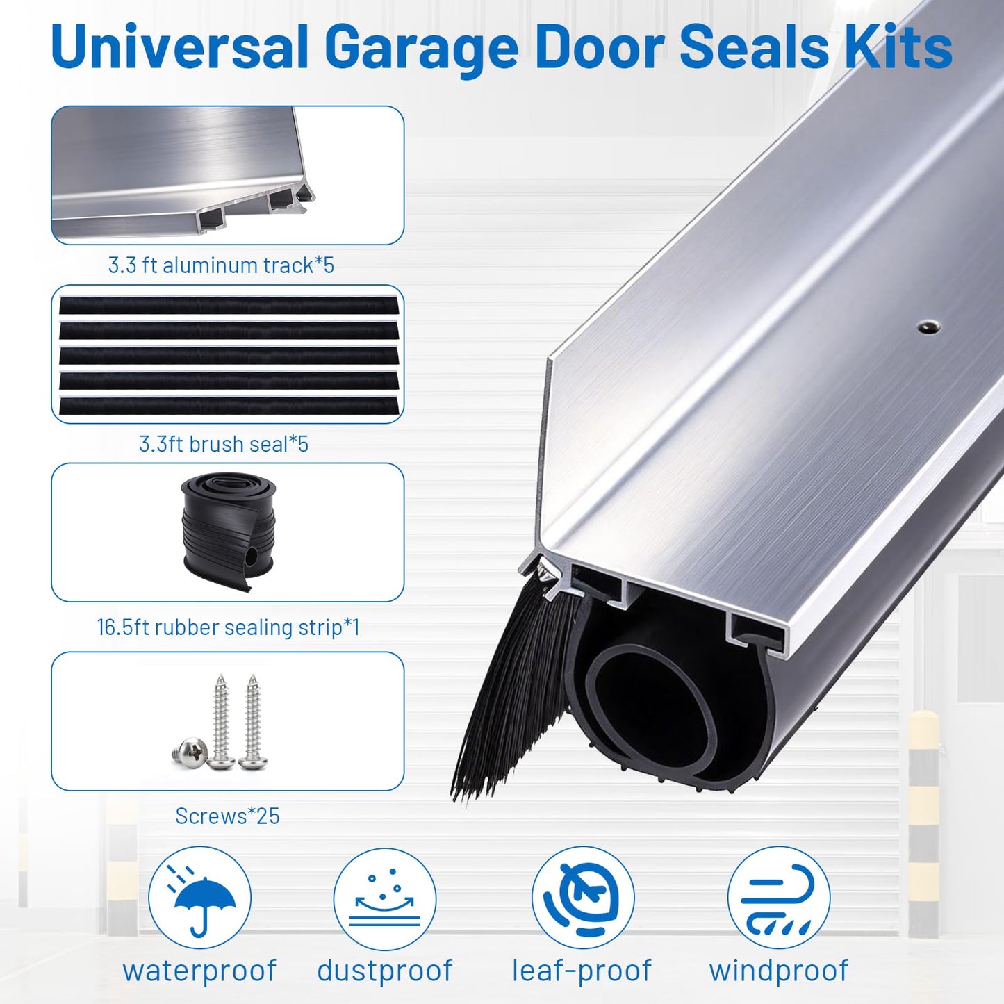 16.5FT Universal Garage Door Seals Kits，Weatherproofing Garage Door Brush Seal, U + O Heavy Duty Garage Door Seal Bottom,Aluminum Track Retainer Base and Brush Kit, Suitable for Steel、Wooden Doors