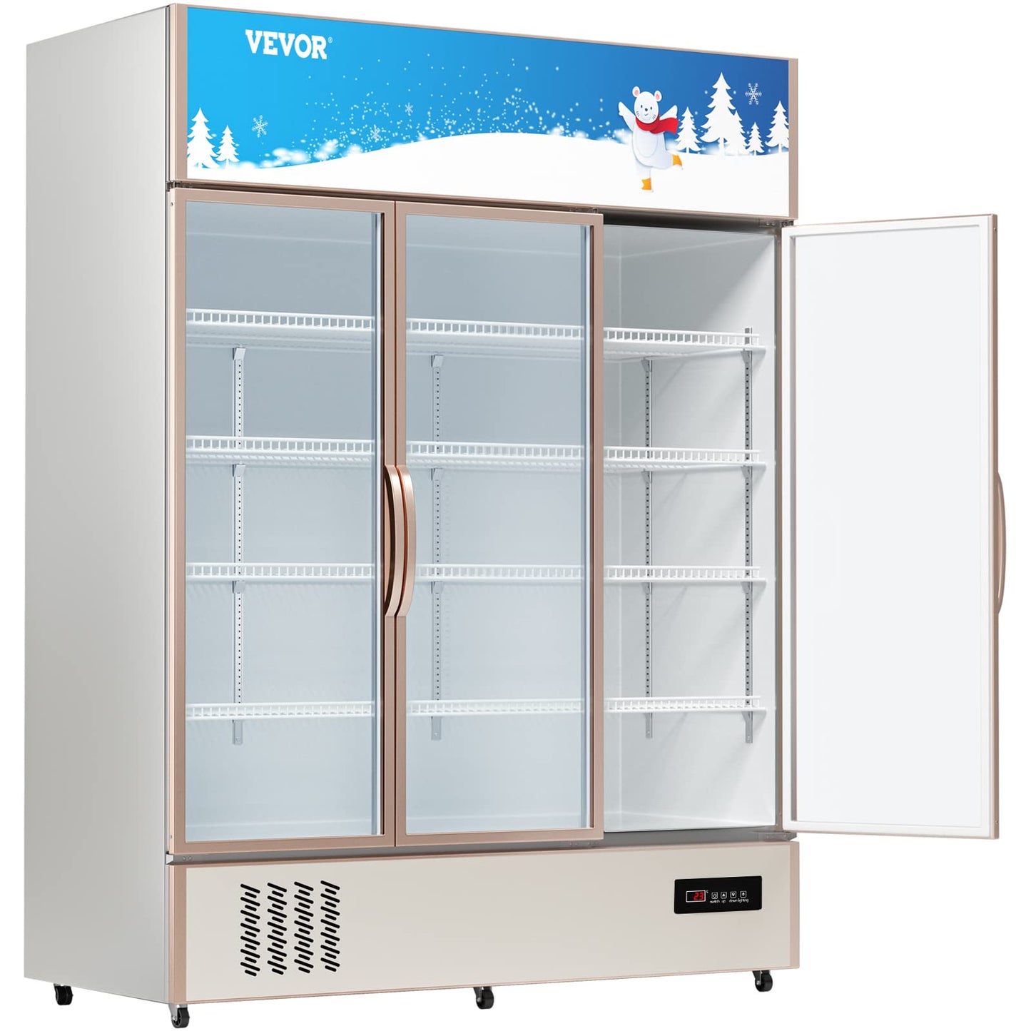 VEVOR Commercial Merchandiser Refrigerator Triple Glass Doors, Cubic Ft, Upright Display Beverage Cooler 79" Tall x 60" Width, Fridge with LED Lighting for Drink Wine Soda, Gold, 35 cu.ft