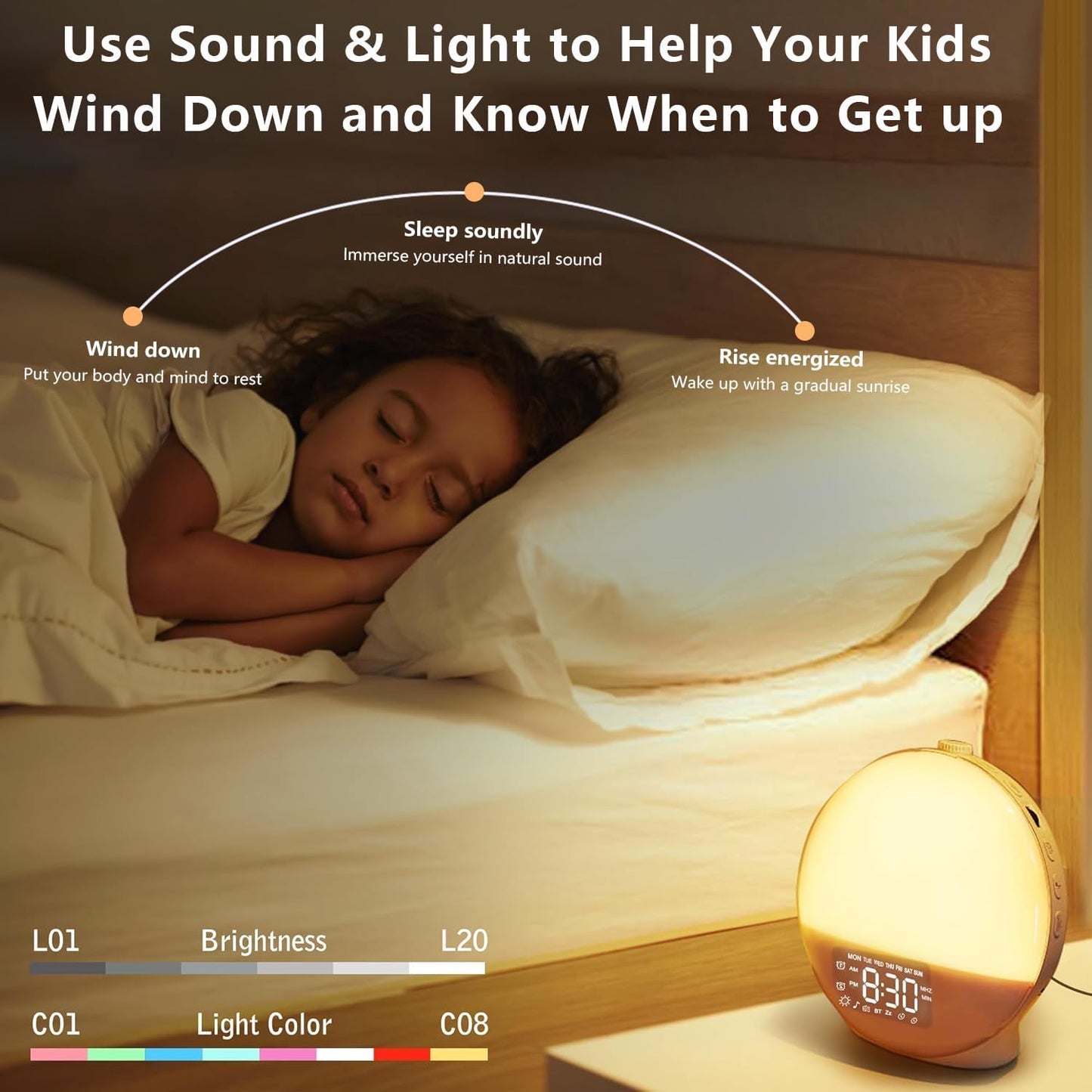 2025 17 5W 22 Upgraded Wake Up Light Sunrise Alarm Clock for Bedroom, Nightlights, Sound Machine with Bluetooth