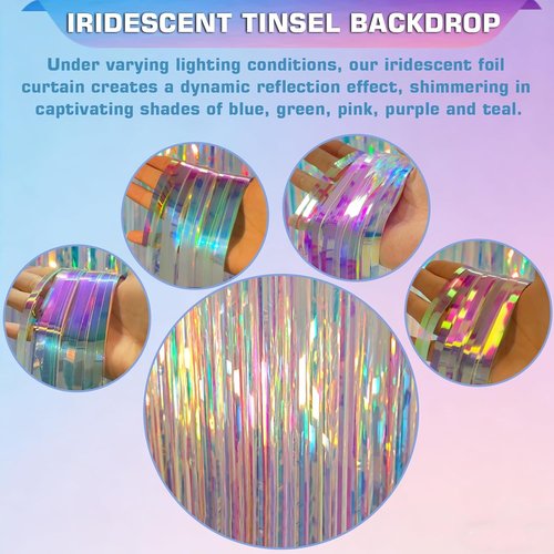 Iridescent Clear Tinsel Curtain Backdrop - 3.28 x 8ft Rainbow Foil Fringe | Shimmer Party Decor, 2 Pack