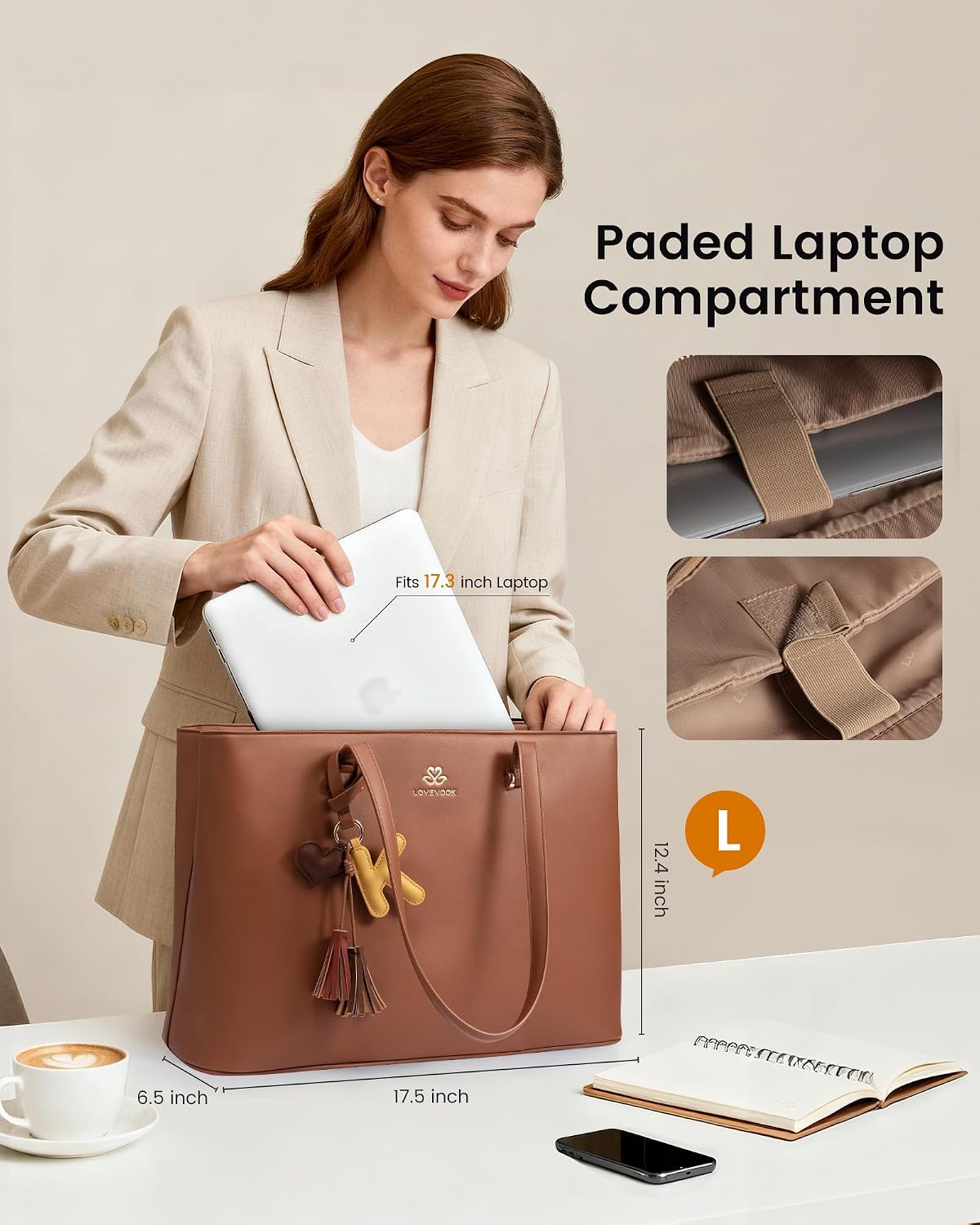 LOVEVOOK Laptop Tote Bag for Women, Work Tote Gift with Zipper, Leather Laptop Bag with Computer Compartment