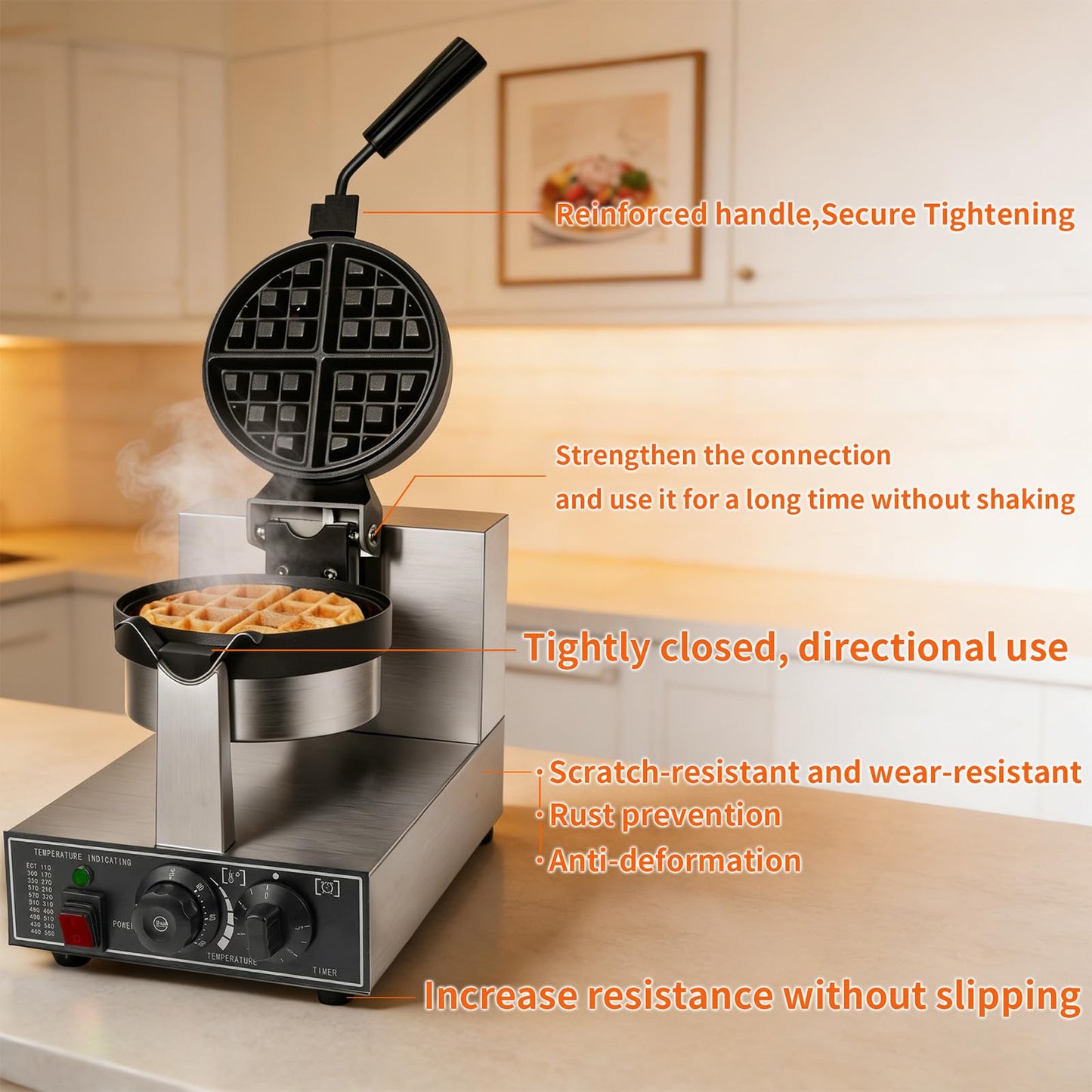 Commercial Waffle Maker 1300W Non-Stick Waffle Iron Rotatable 180° Waffle Baker Machine With Temp and Time Control for Bakery Snack Bar Family