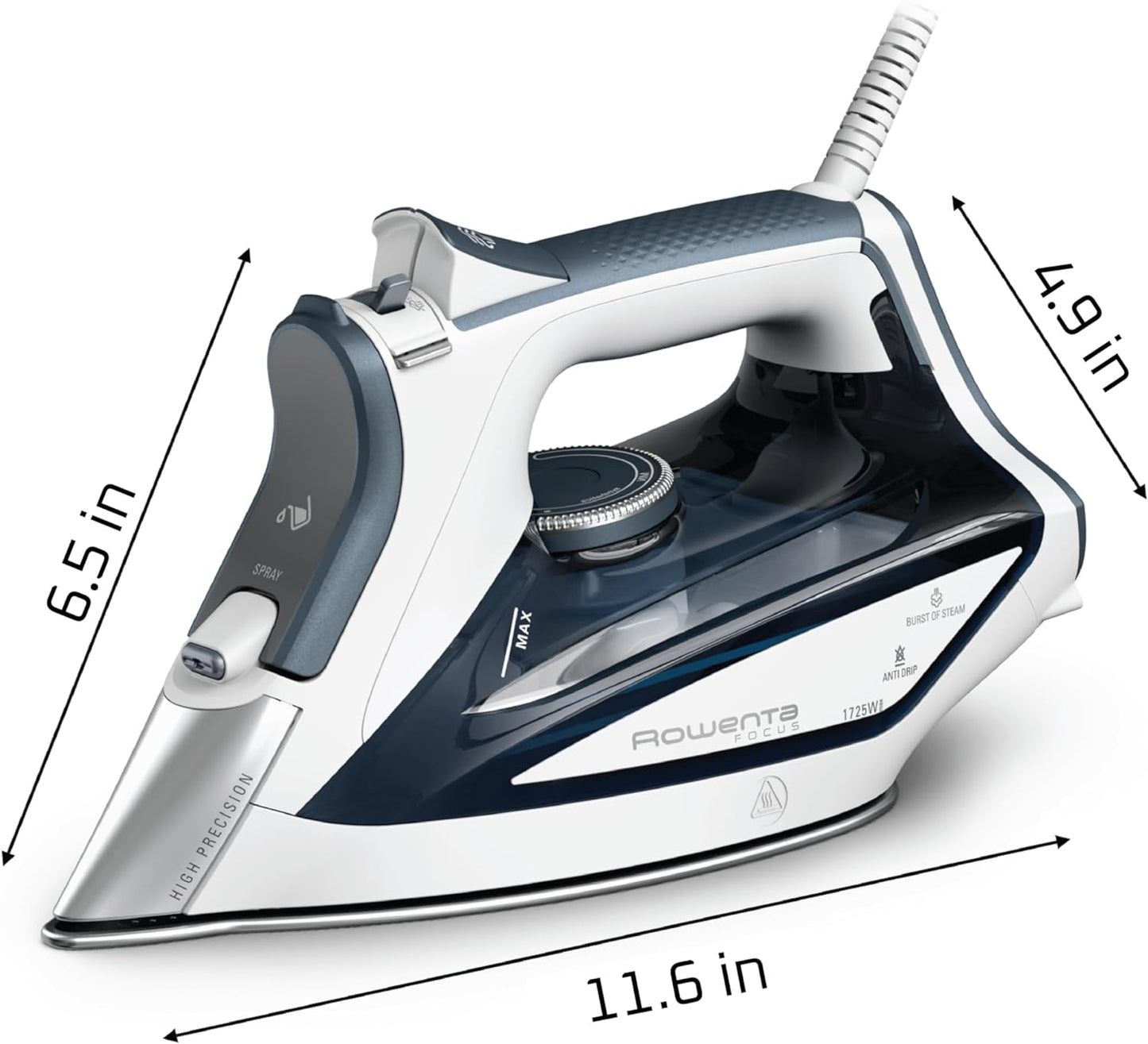 Rowenta Focus Excel Steam Iron - 1725 Watts, Anti-Drip Protection, Grey Finish for Effortless Ironing