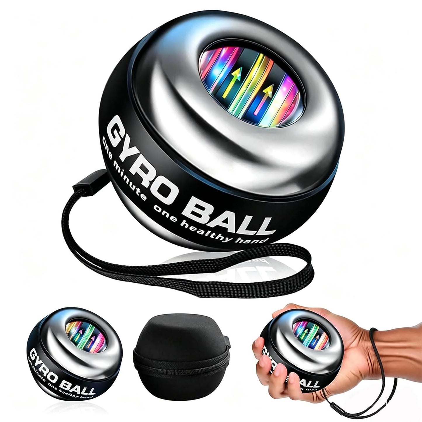 All-Metal Power Gyro Ball(2026 New 6-Level Color-Shifting), Weighted Auto-Start Hand Wrist Forearm Trainer and Strengthener for Exercise Joint and Muscle with Led Light (with Ball Bag)