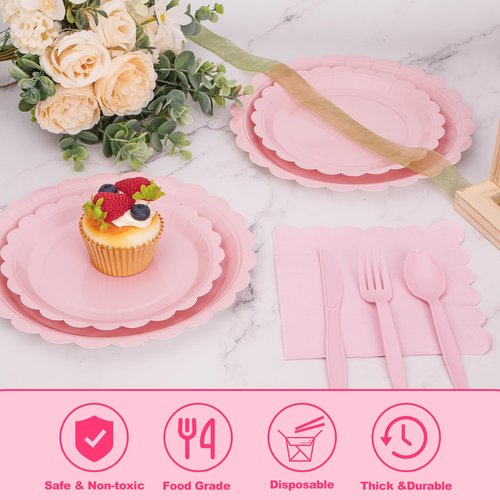 168 Pcs Pink Paper Plates and Napkins, Light Pink Party Supplies Include Scalloped Plate Napkins Cups Forks Knives Disposable Plastic Cutlery for Xmas Dinner Plates Table Decorations