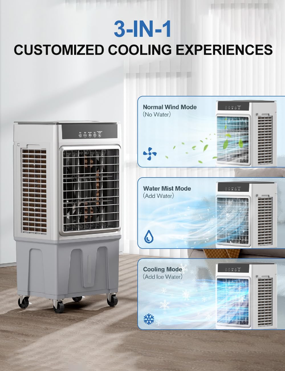 Large Swamp Cooler Air Conditioner, 2200CFM Evaporative Air Cooler, 24H Timer & 8 Gal Water Tank, 100°Oscillation, 3 Speeds&4 Ice Boxes,Remote, Portable Cooling Fan for Garage Outdoor, Extra Large