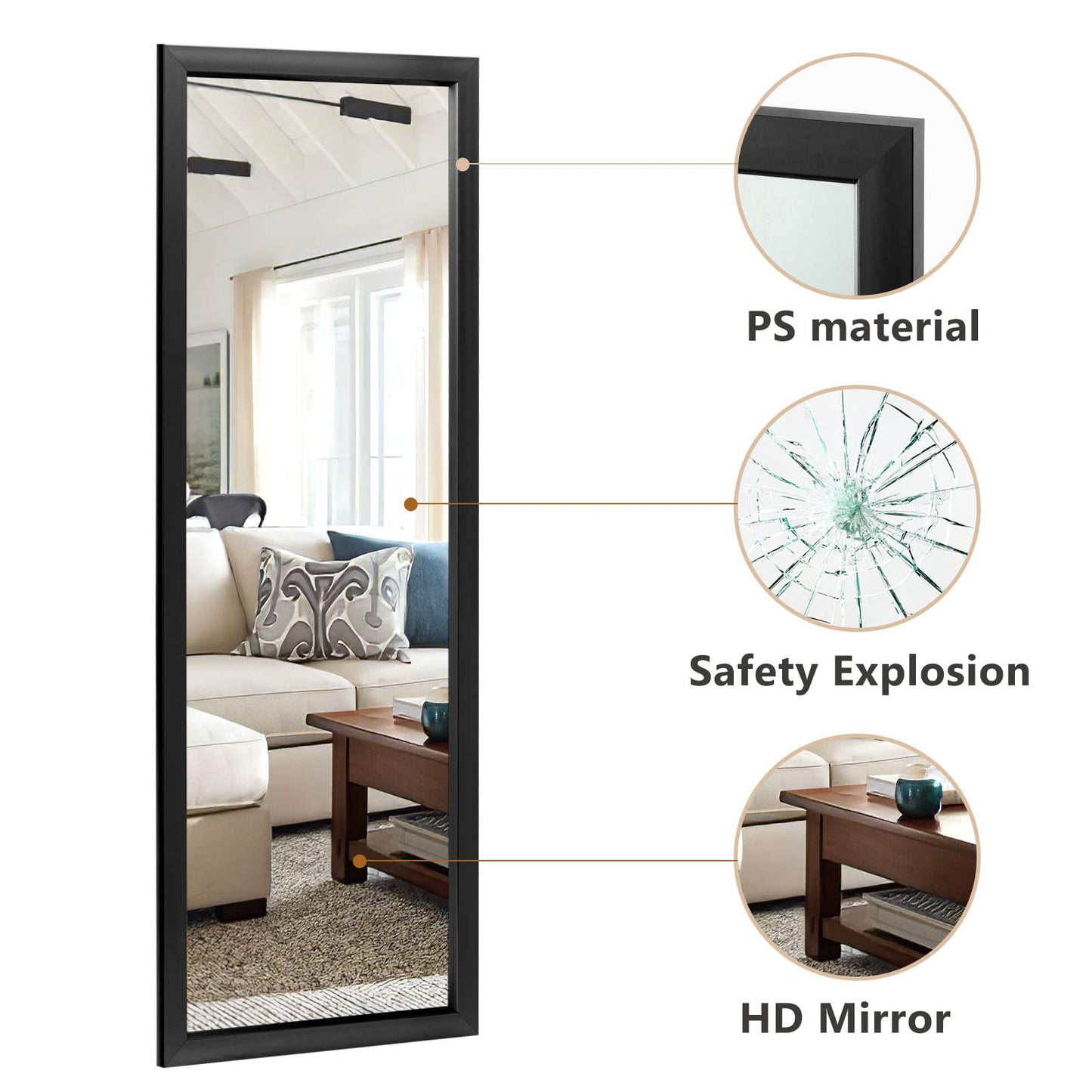 Natsukage Wall Mirror Full Length Mirror Wall Mounted Mirror Full Body Mirror Dressing Mirror for Bathroom/Bedroom/Living Room Polymer Thin Frame No Stand (Black, 43'' x 16'') JJ01002AAF-N-USAM022
