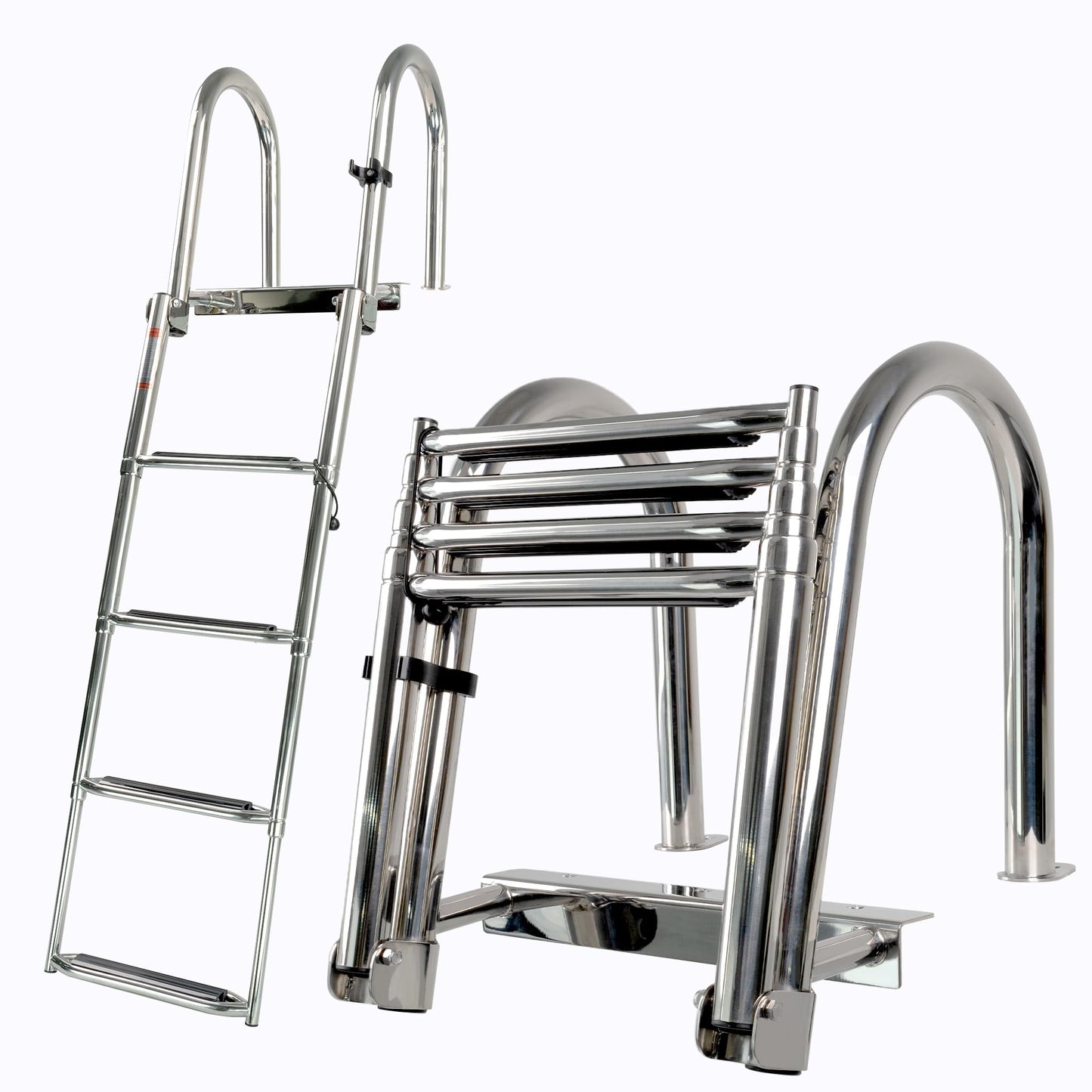 Manumarine 4 Step Heavy Duty 316 Stainless Steel Boat Ladder | Telescoping Folding Rear Entry Dock Swim Deck Ladder with Handrails & Extra Wide Steps, 600lbs Capacity Marine Grade