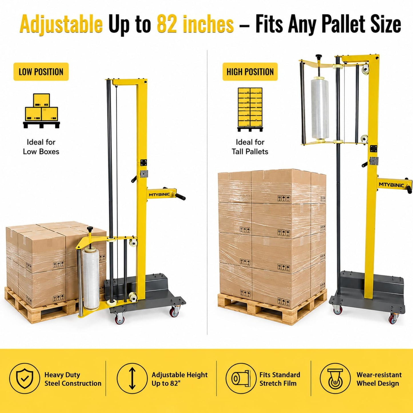Heavy Duty Mobile Pallet Stretch Wrap Machine - Semi-Automatic Hand Push Trolley Wrapper with Adjustable Height (Up to 82"), Ergonomic Film Dispenser for Warehouse, Factory & Shipping Logistics