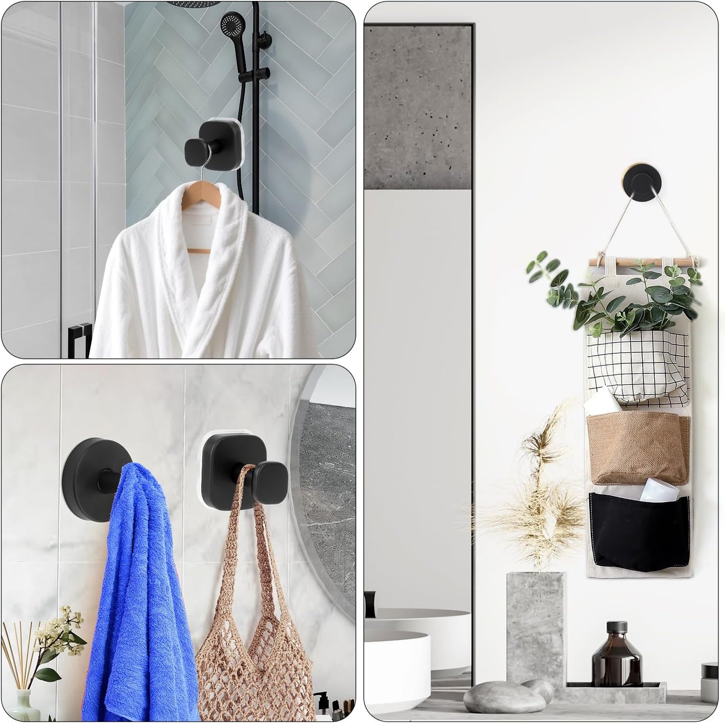 Skiennix Suction Cup Hooks - Strong Adhesive Metal Bathroom & Kitchen Holders | No Drill, Black, 4-Pack