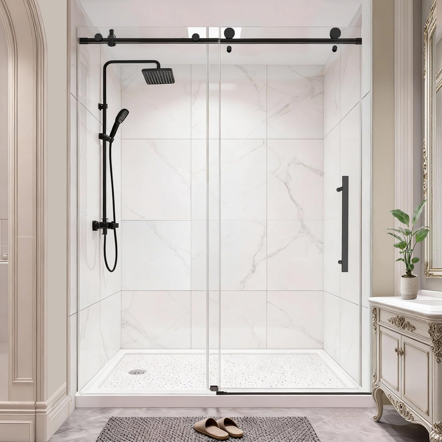 LetLuck 56-60" W x 76" H Frameless Shower Door, with Explosion-Proof Nano Coating, Matte Black Hardware, 5/16" (8mm) Thickness SGCC Certified Tempered Glass - Ideal for Walk-in Showers