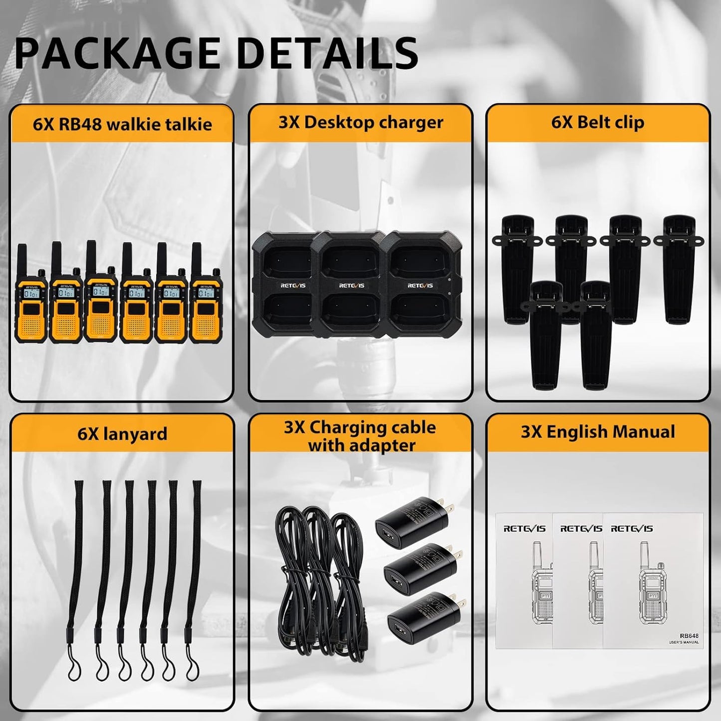 Retevis RB48 2 Way Radio Long Range, IP67 Waterproof Walkie Talkies Adults, Drop-Proof, 2000mAh, Emergency, Heavy Duty Two Way Radios, for Job Site Construction Warehouse(6 Pack)