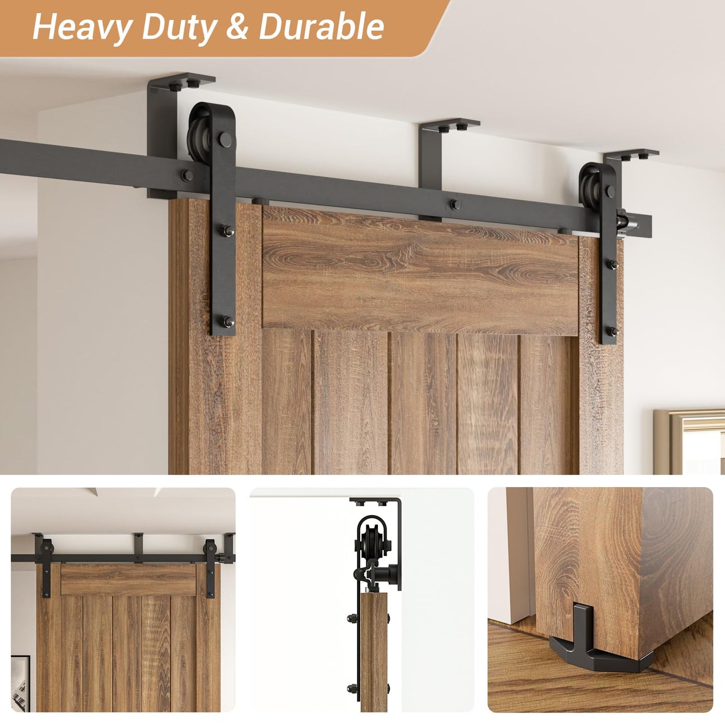 CCJH 7FT Ceiling Mount Bracket Sliding Barn Door Hardware Kit Black,Strong Bearing, Low Ceiling L-Shape Bracket System, Fit 42" Wide Single Door Panel (Basic Style)