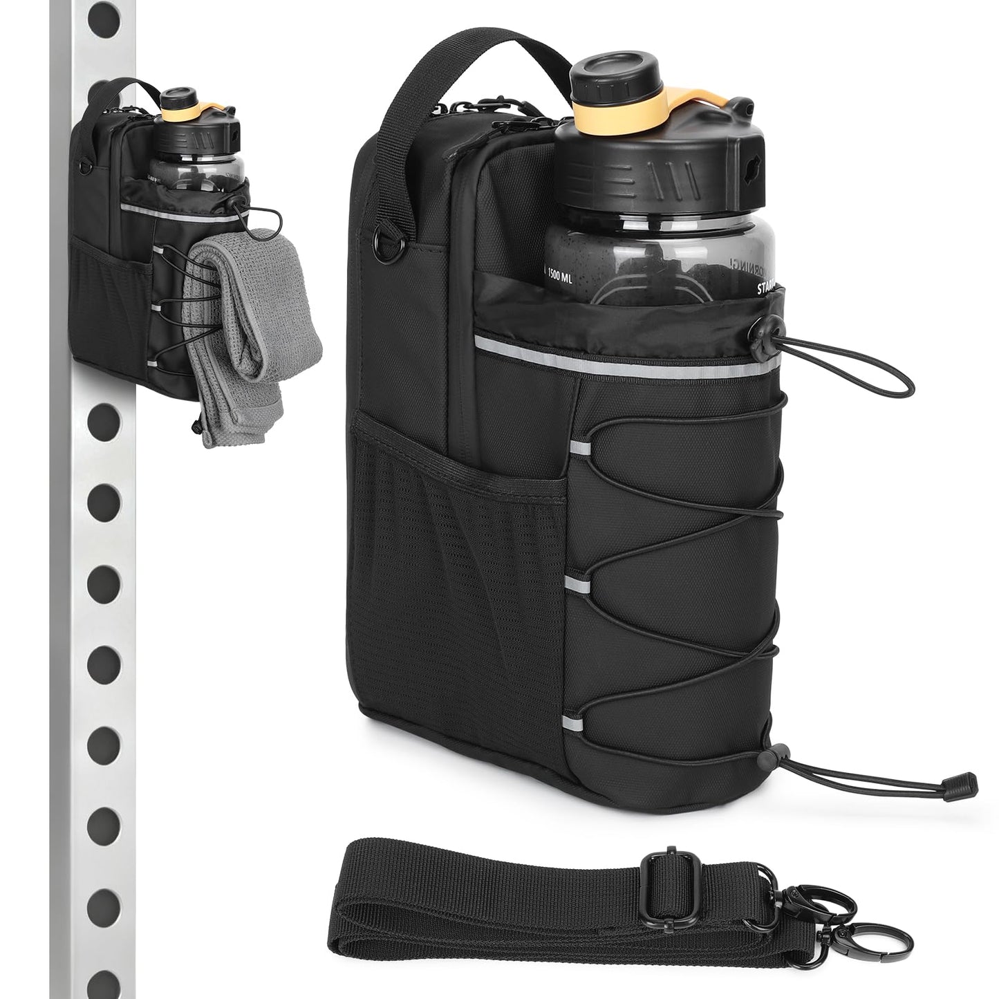 HUNTVP Magnetic Gym Bag Water Bottle Carrier Holder with Shoulder Strap & Phone Pockets, 64oz Large Magnetic Water Bottle Bag Pouch for Gym Fitness Accessories for Men and Women (4 Strong Magnets)