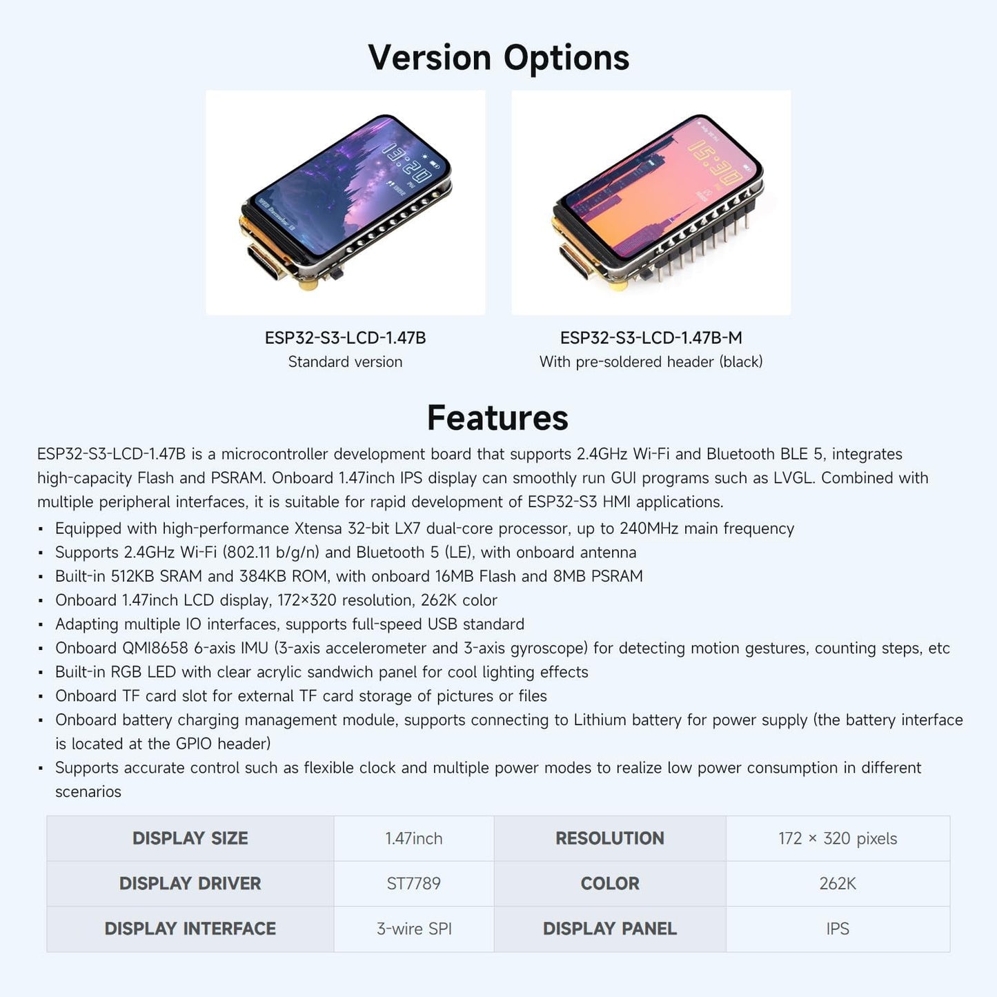 waveshare ESP32-S3 1.47inch 172320 262K 2.4GHz 5, 240MHz LX7 ESP32 LCD Display Development Board, Resolution, Display