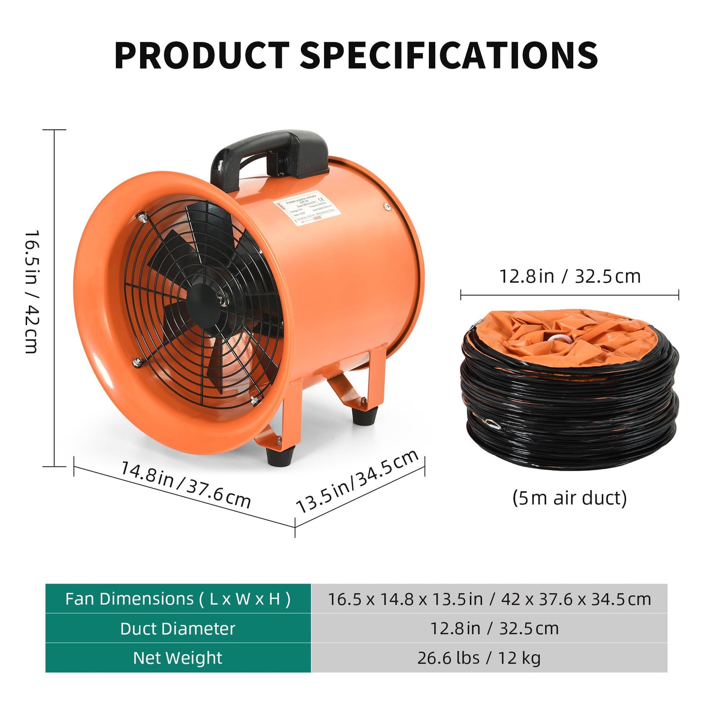 YITAHOME Exhaust Fan 12 Inch, Utility Blower Extractor Fan High Velocity, Portable Ventilation Fan with 16FT Ventilator Duct Hose for Industrial, Paint Booth