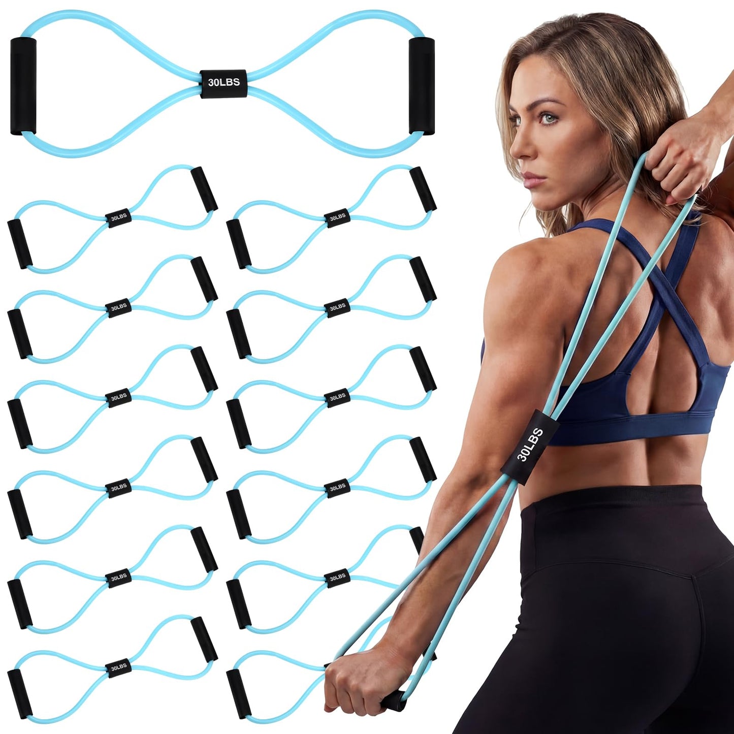Teyva Daily 12 Packs 30 lb Figure 8 Resistance Bands with Handles, Exercise Bands for Back, Workout for Arms, Shoulder, Leg, Physical Therapy, Pilates, Home Gym Workout Equipment Women Men(Blue)